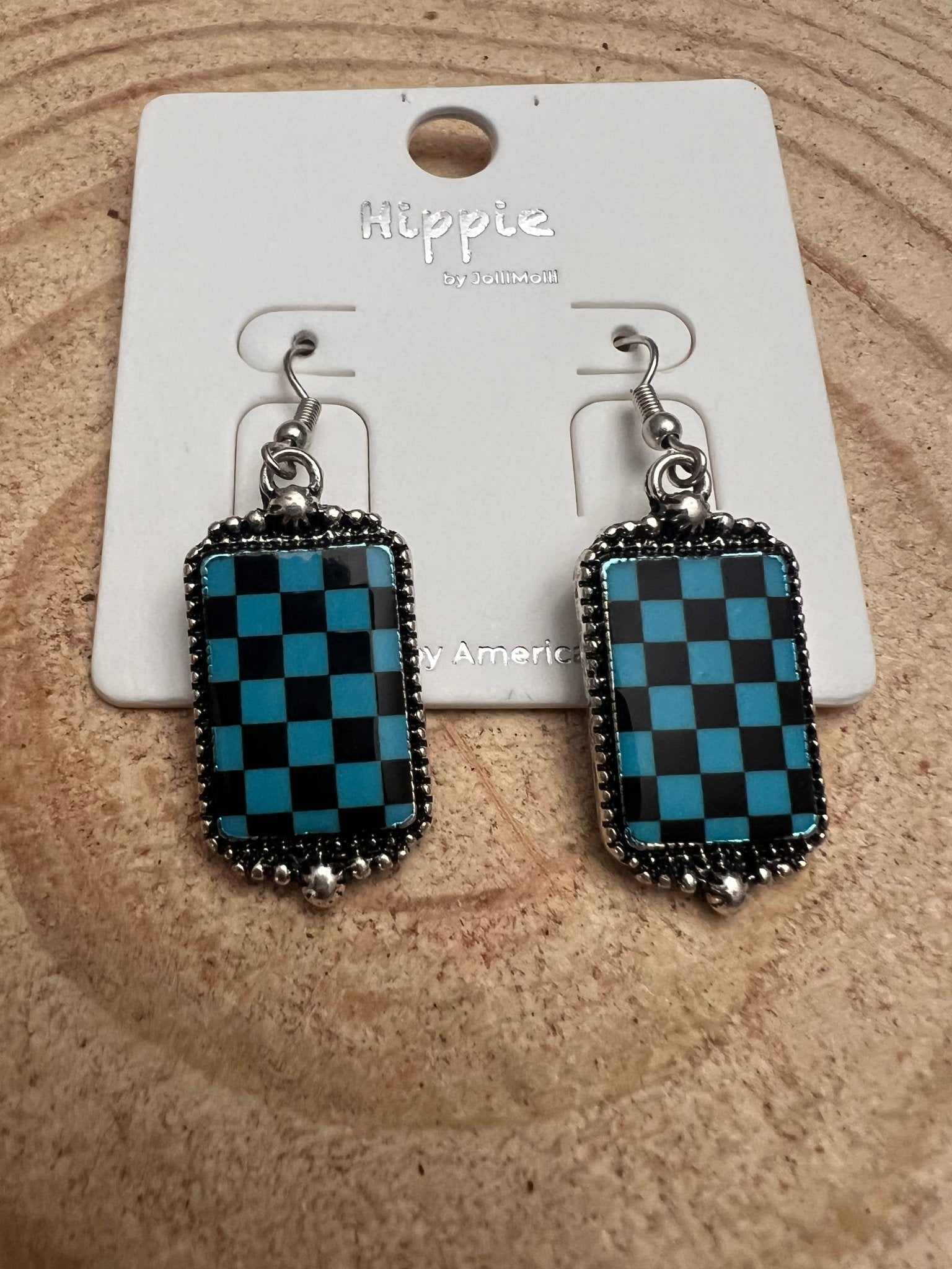 Western Turqoise and Black Checkered Rectangle Earrings — 1½" Drop - Rooted & Reckless Co.