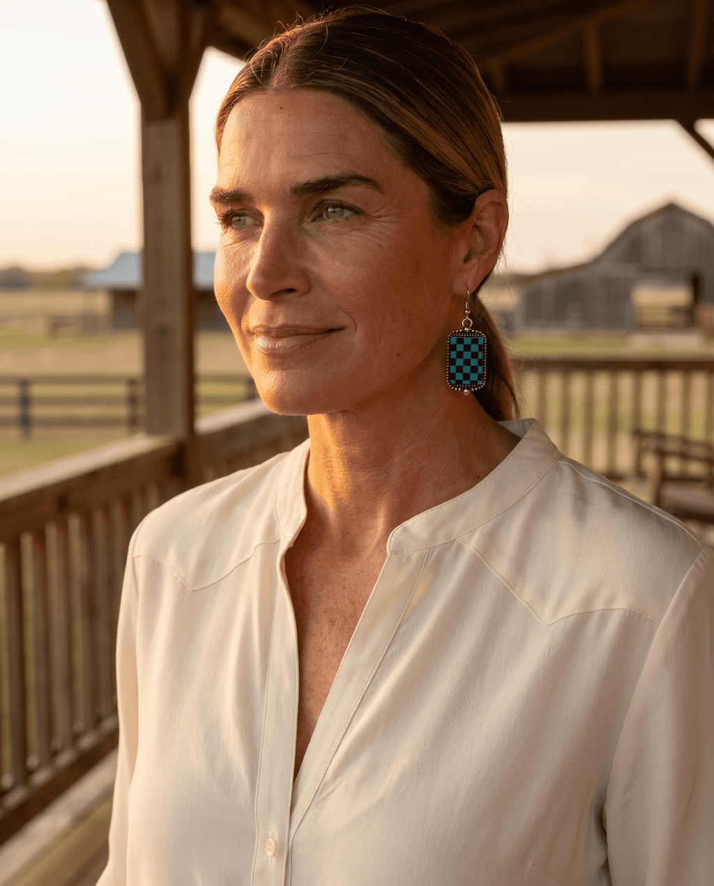 Western Turqoise and Black Checkered Rectangle Earrings — 1½" Drop - Rooted & Reckless Co.