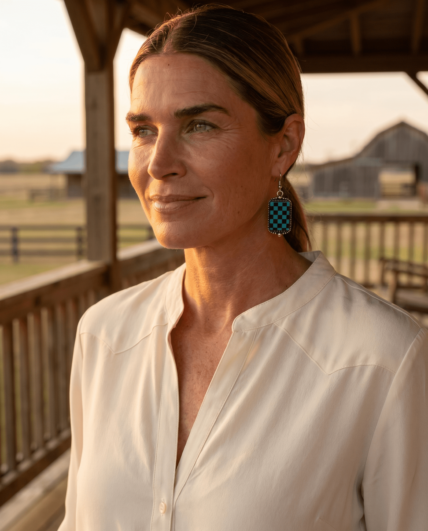 Western Turqoise and Black Checkered Rectangle Earrings — 1½" Drop - Rooted & Reckless Co.