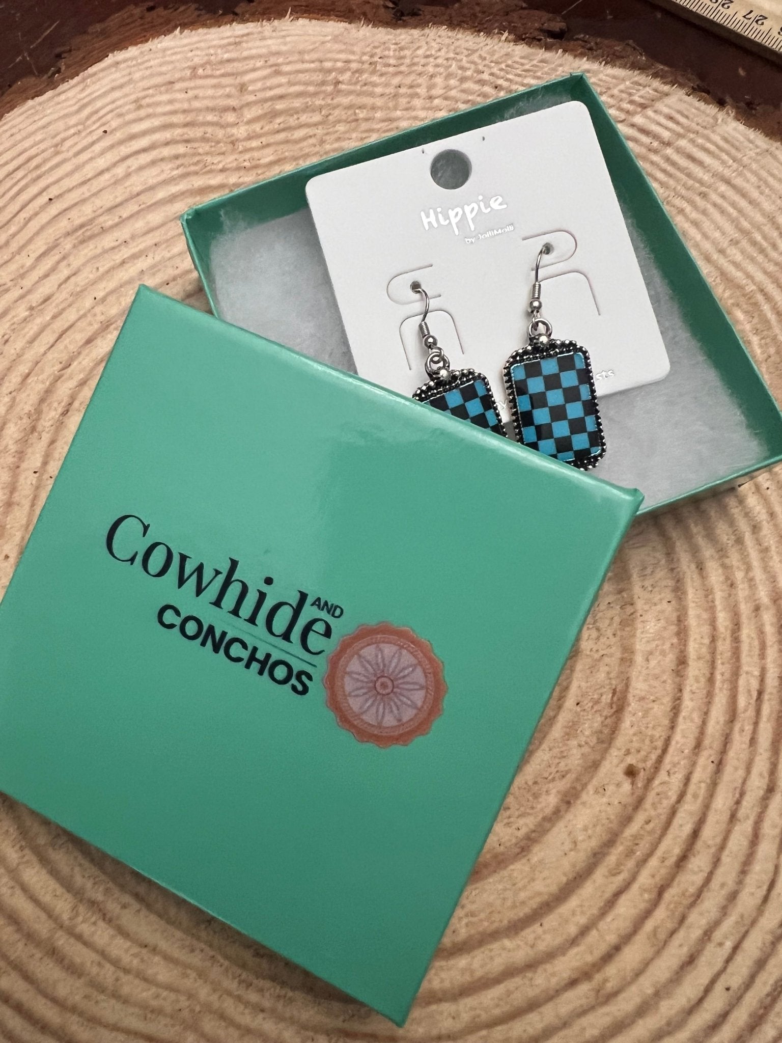 Western Turqoise and Black Checkered Rectangle Earrings — 1½" Drop - Rooted & Reckless Co.