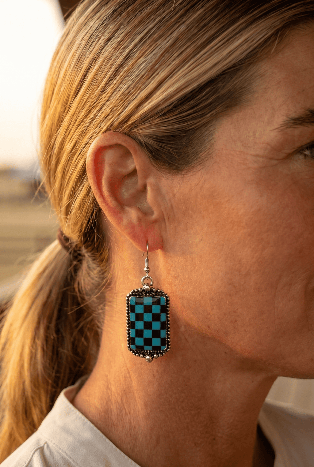 Western Turqoise and Black Checkered Rectangle Earrings — 1½" Drop - Rooted & Reckless Co.