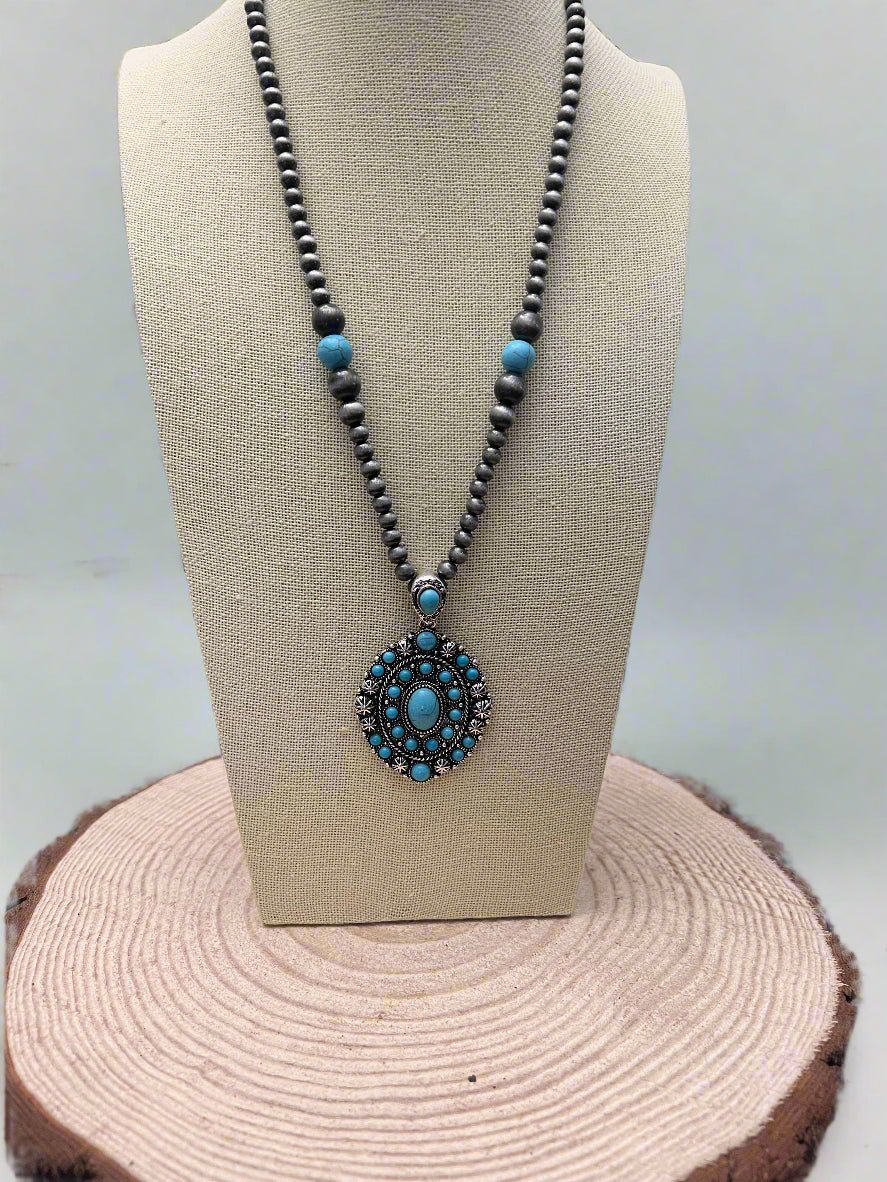 Western Turquoise Cluster Pendant Pearl Necklace — 20 Inch (Pearl Strand with Turquoise Drop) - Rooted & Reckless Co.