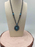 Western Turquoise Cluster Pendant Pearl Necklace — 20 Inch (Pearl Strand with Turquoise Drop) - Rooted & Reckless Co.
