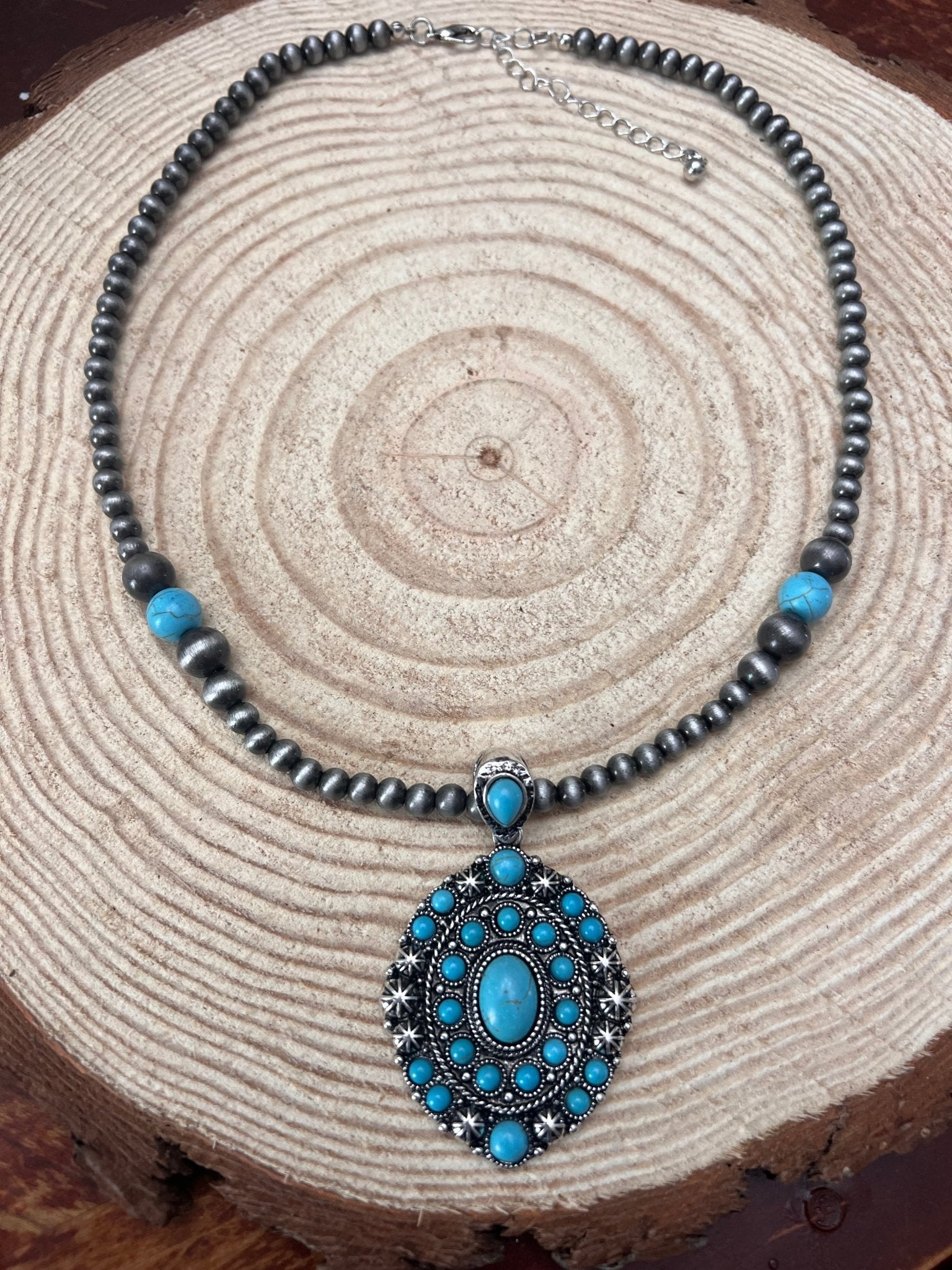 Western Turquoise Cluster Pendant Pearl Necklace — 20 Inch (Pearl Strand with Turquoise Drop) - Rooted & Reckless Co.
