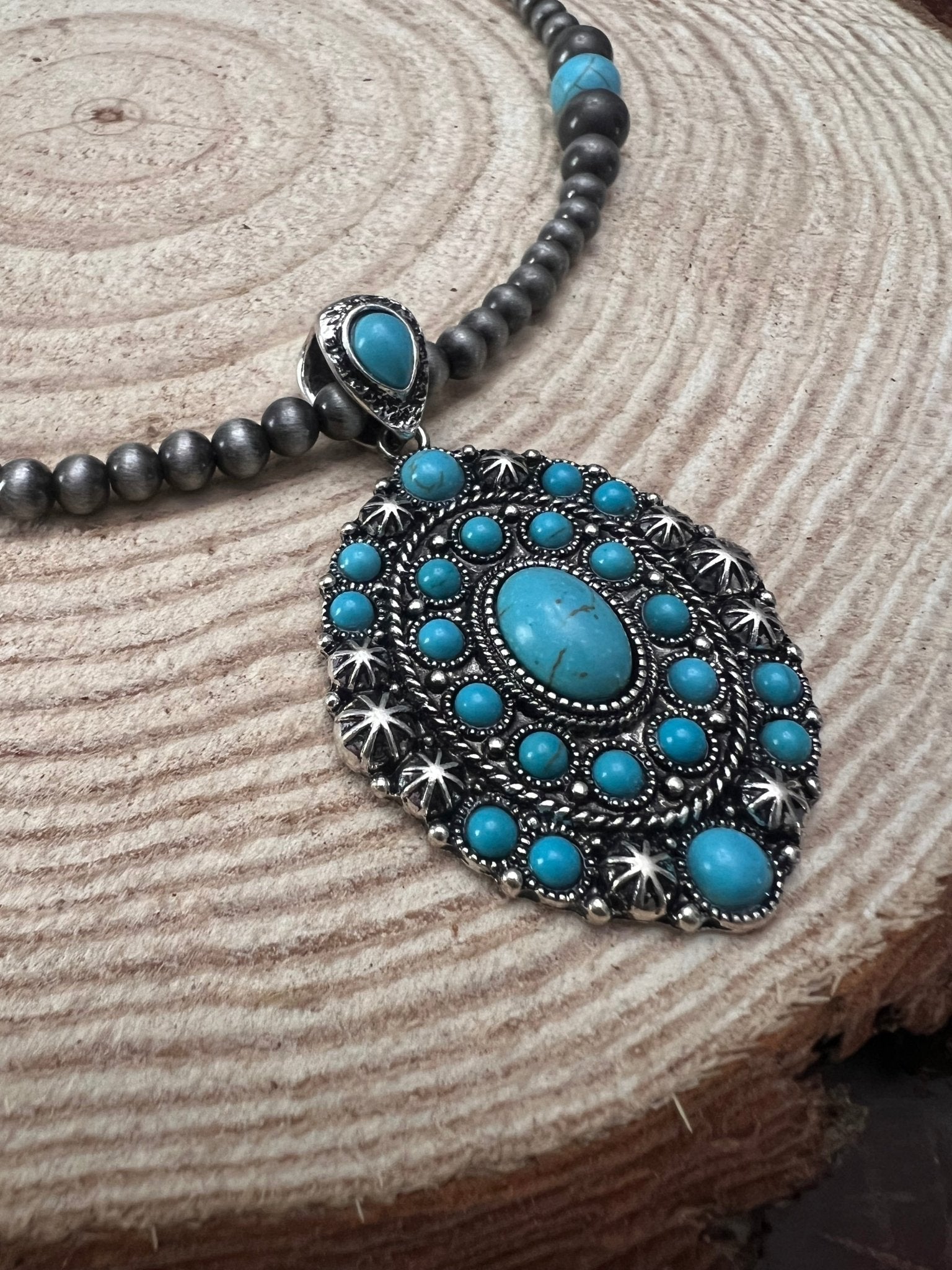 Western Turquoise Cluster Pendant Pearl Necklace — 20 Inch (Pearl Strand with Turquoise Drop) - Rooted & Reckless Co.