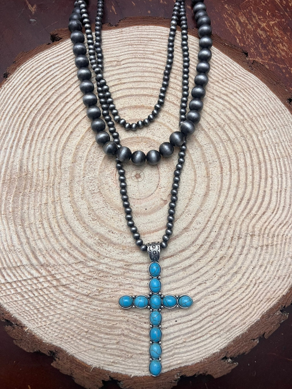 Western Turquoise Cross Three-Layered Necklace — Faux Pearl Trio with 3" Cross Pendant - Rooted & Reckless Co.
