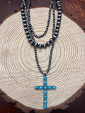Western Turquoise Cross Three-Layered Necklace — Faux Pearl Trio with 3" Cross Pendant - Rooted & Reckless Co.