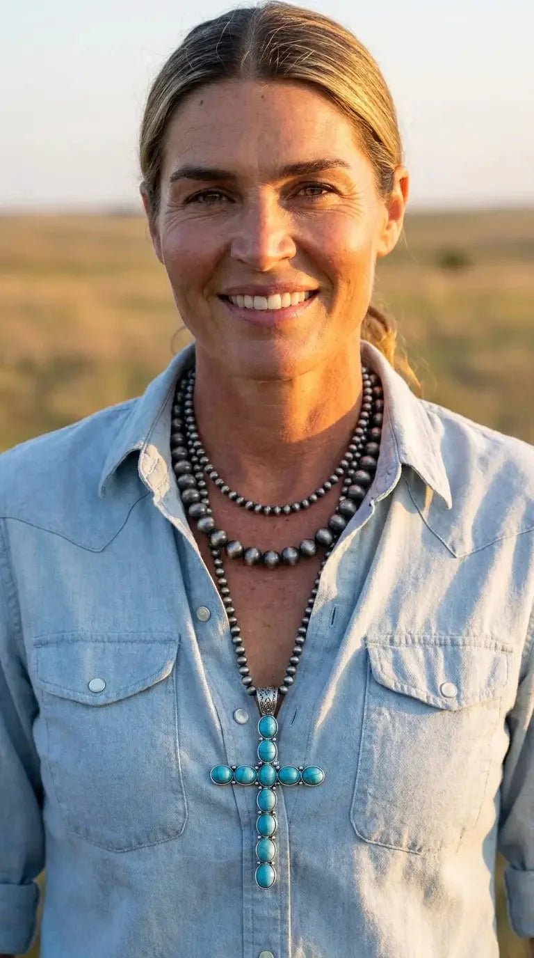 Western Turquoise Cross Three-Layered Necklace — Faux Pearl Trio with 3" Cross Pendant - Rooted & Reckless Co.
