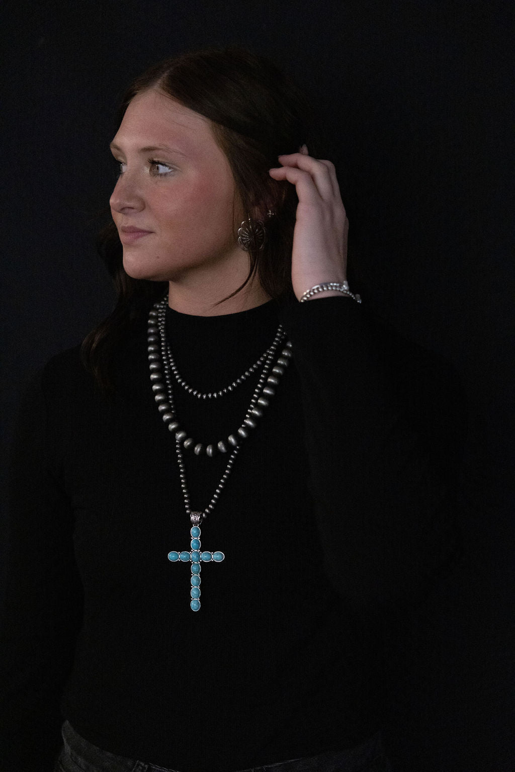 Western Turquoise Cross Three-Layered Necklace — Faux Pearl Trio with 3" Cross Pendant - Rooted & Reckless Co.