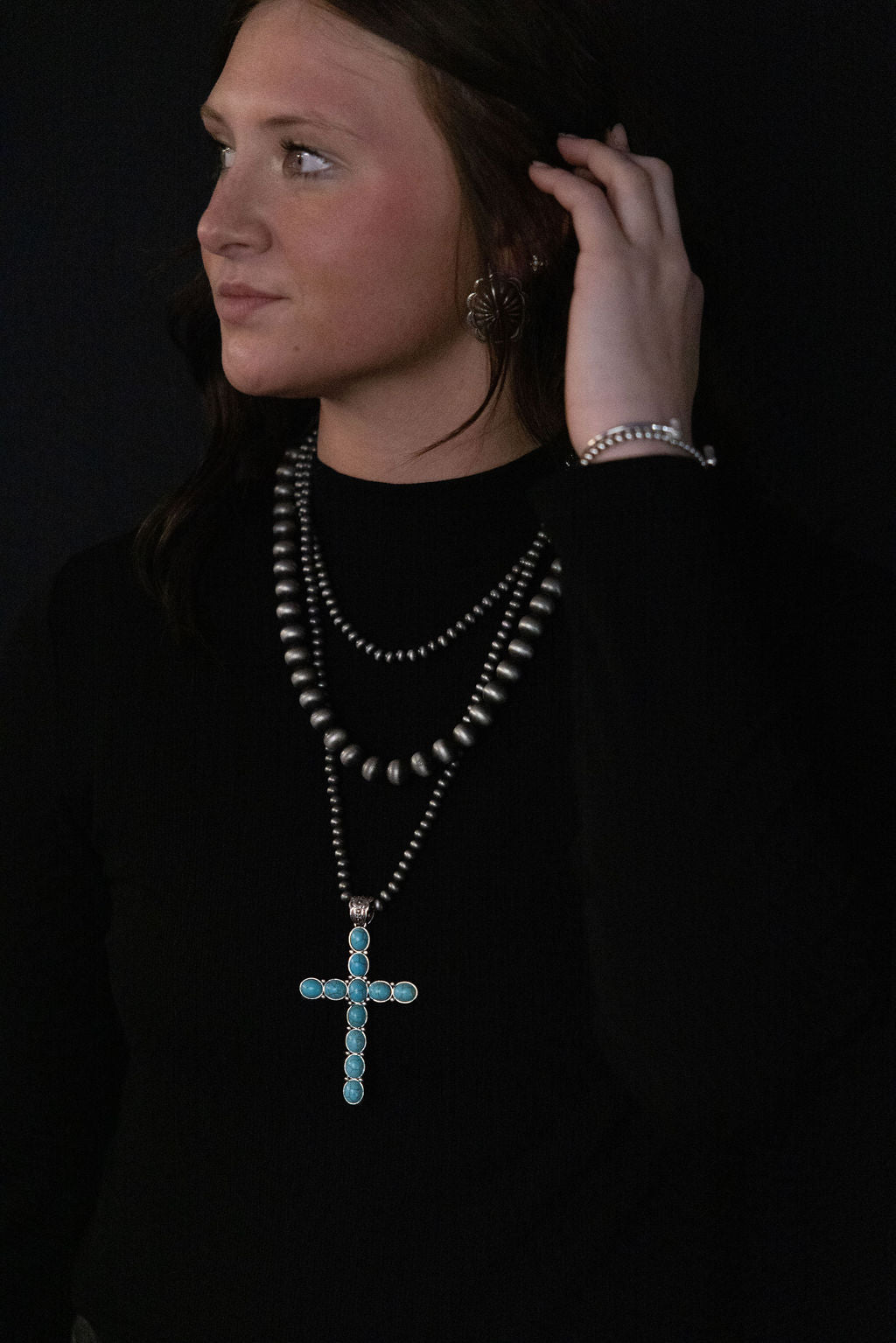 Western Turquoise Cross Three-Layered Necklace — Faux Pearl Trio with 3" Cross Pendant - Rooted & Reckless Co.