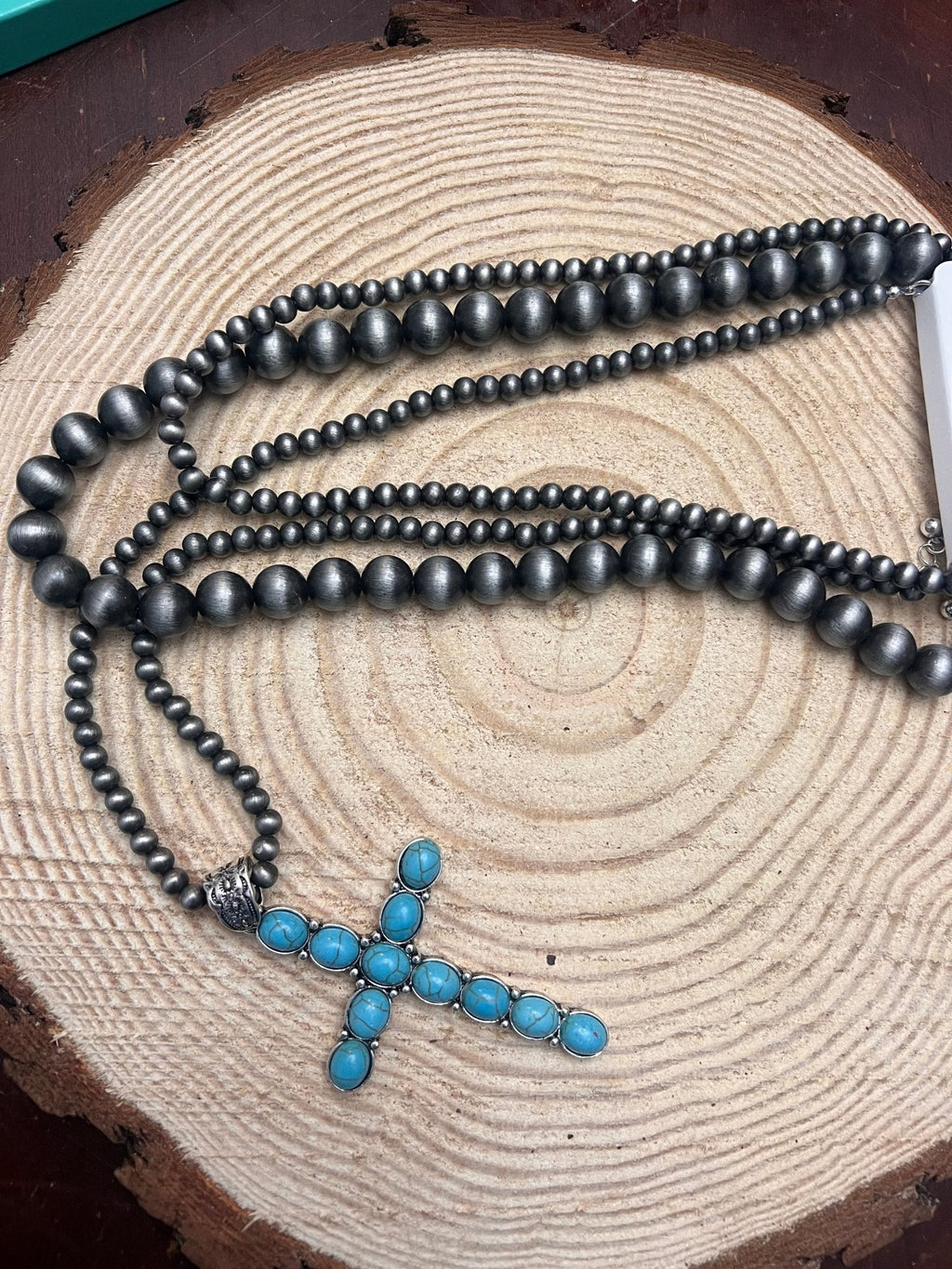 Western Turquoise Cross Three-Layered Necklace — Faux Pearl Trio with 3" Cross Pendant - Rooted & Reckless Co.