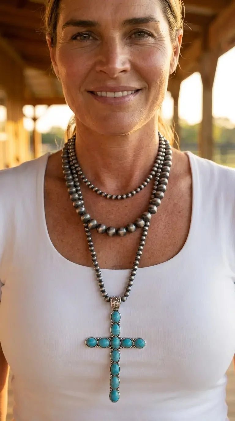 Western Turquoise Cross Three-Layered Necklace — Faux Pearl Trio with 3" Cross Pendant - Rooted & Reckless Co.