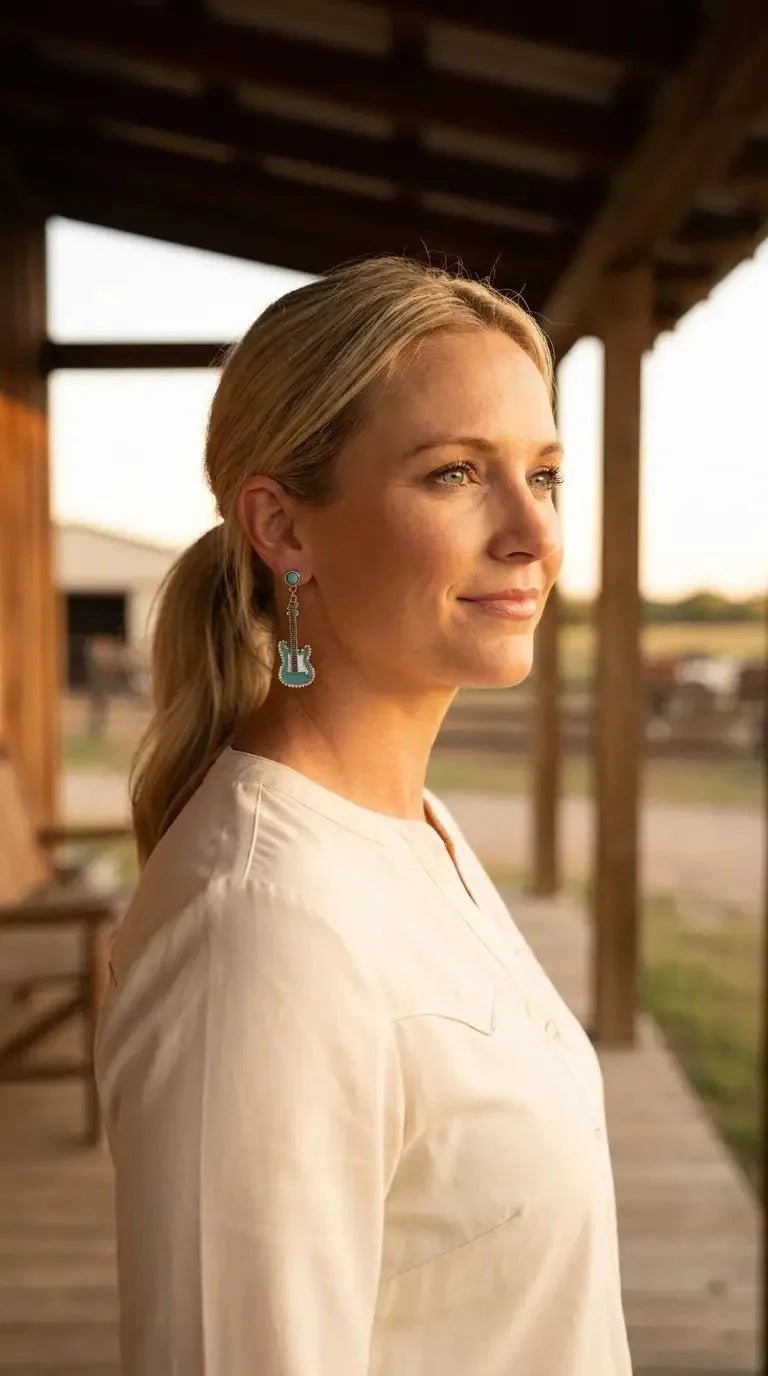 Western Turquoise Guitar Dangle Earrings — Country Music 2" Drop - Rooted & Reckless Co.