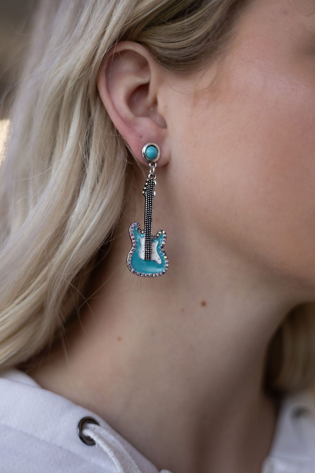 Western Turquoise Guitar Dangle Earrings — Country Music 2" Drop - Rooted & Reckless Co.