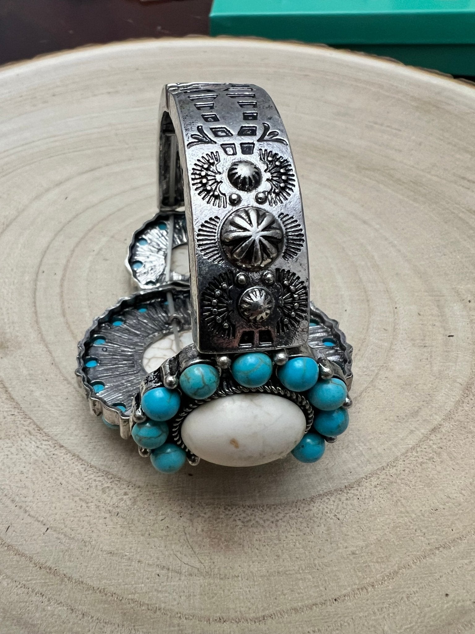 Western Turquoise & White Buffalo Stretch Cuff Bracelet — Bold Southwestern Statement - Rooted & Reckless Co.