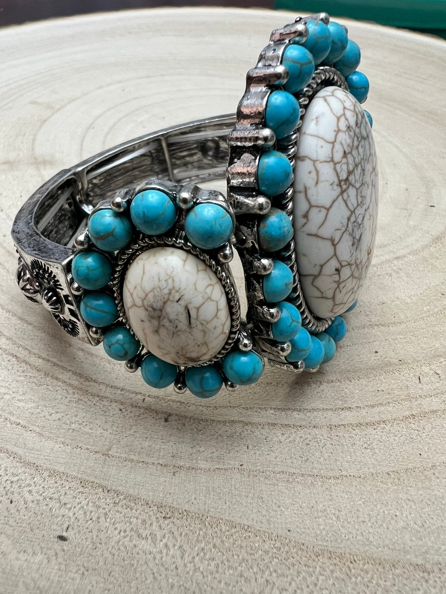 Western Turquoise & White Buffalo Stretch Cuff Bracelet — Bold Southwestern Statement - Rooted & Reckless Co.