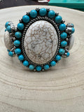 Western Turquoise & White Buffalo Stretch Cuff Bracelet — Bold Southwestern Statement - Rooted & Reckless Co.