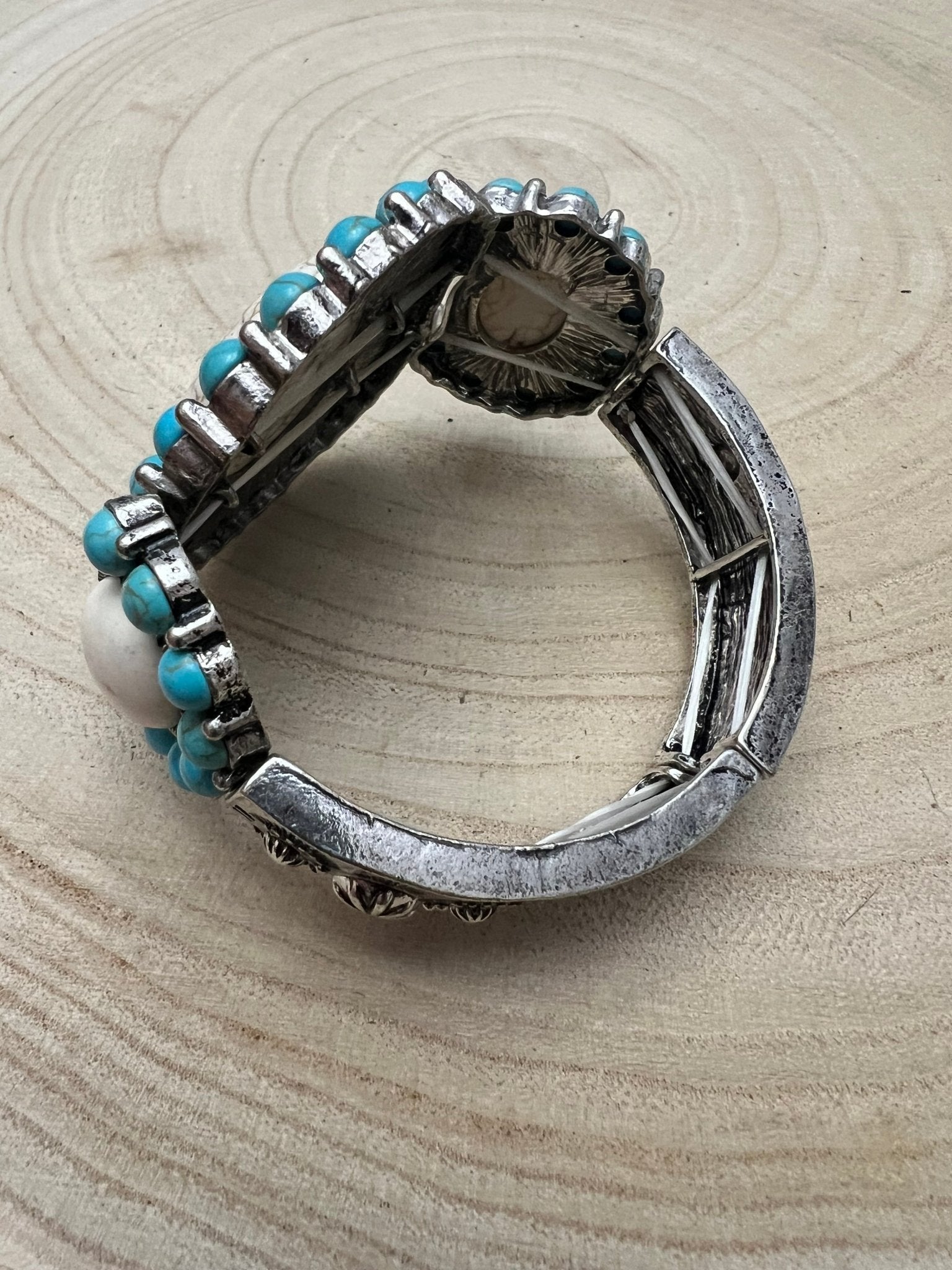 Western Turquoise & White Buffalo Stretch Cuff Bracelet — Bold Southwestern Statement - Rooted & Reckless Co.