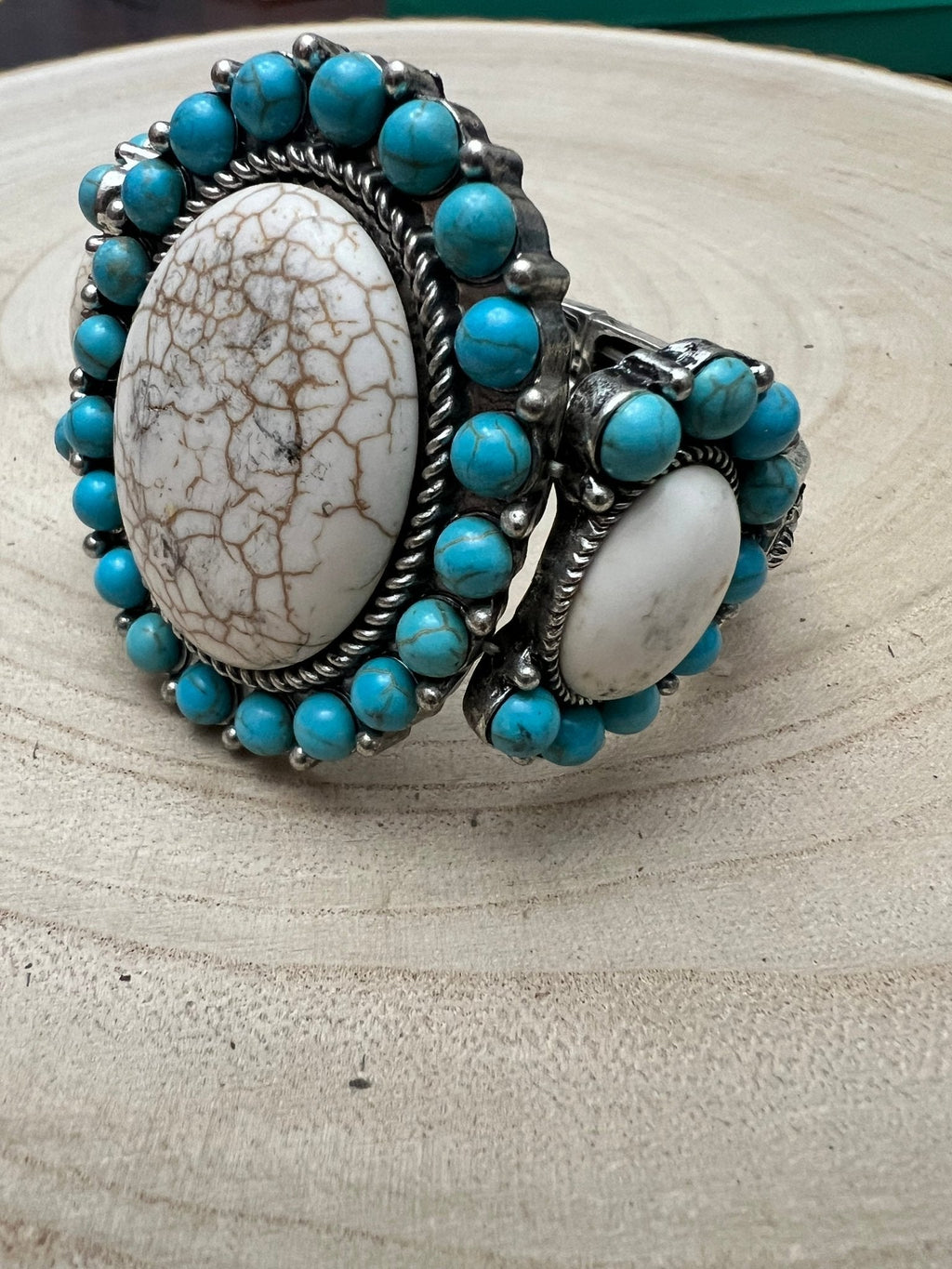 Western Turquoise & White Buffalo Stretch Cuff Bracelet — Bold Southwestern Statement - Rooted & Reckless Co.