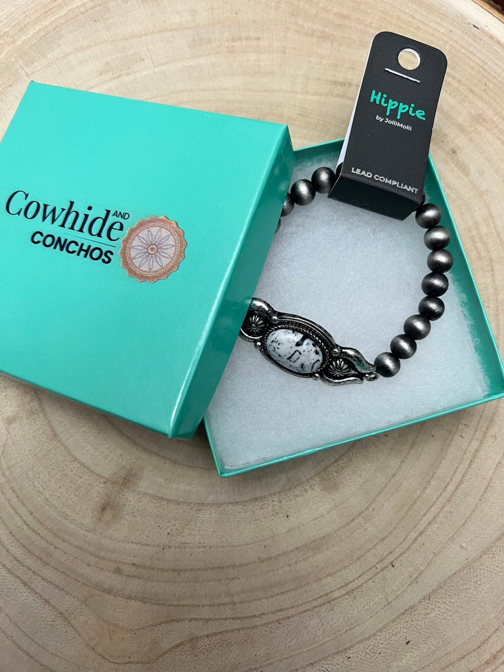 Western White Buffalo & Sterling Pearl Stretch Bracelet - Rooted & Reckless Co.