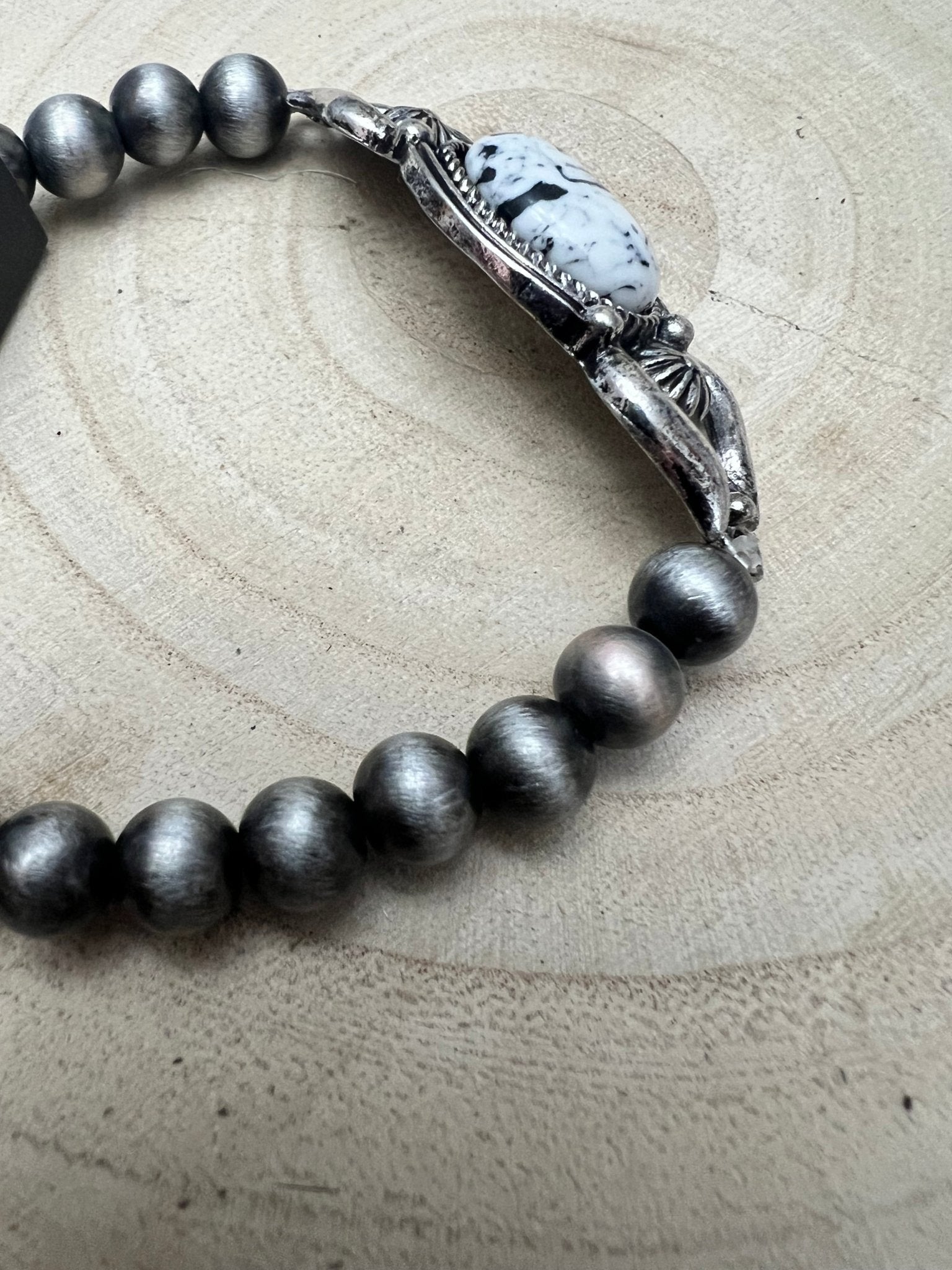 Western White Buffalo & Sterling Pearl Stretch Bracelet - Rooted & Reckless Co.