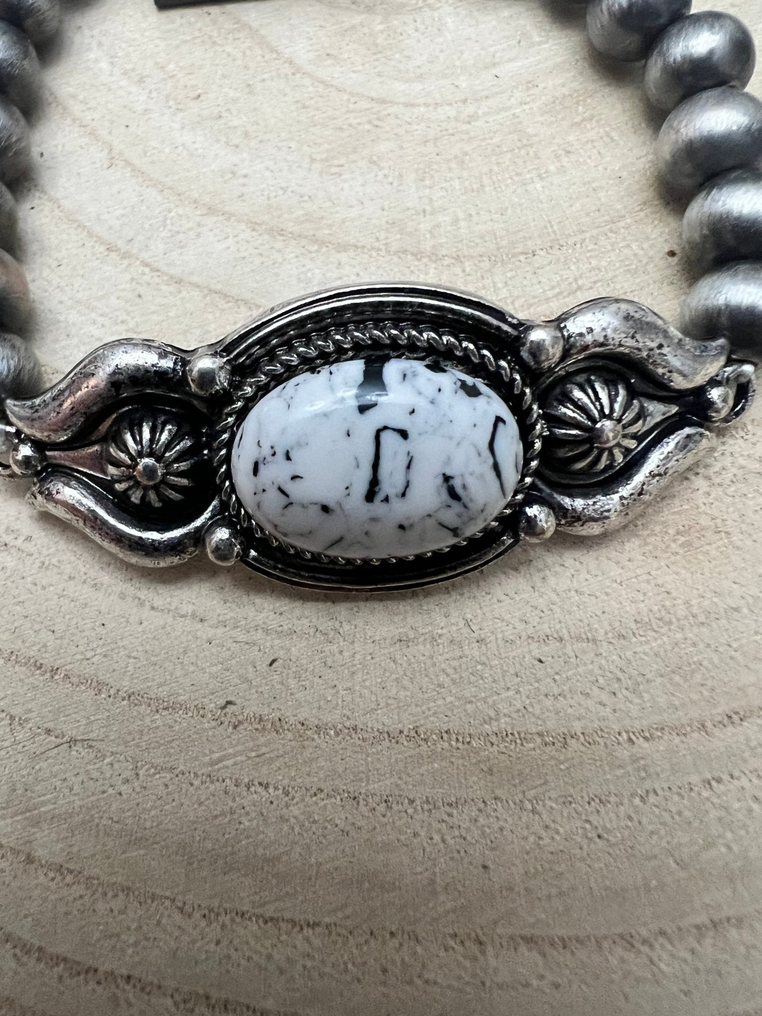 Western White Buffalo & Sterling Pearl Stretch Bracelet - Rooted & Reckless Co.