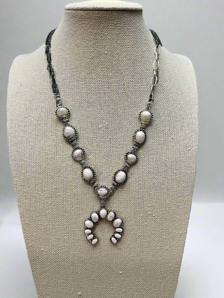 Western White Stone Faux Squash Blossom Necklace — 16 Inch Southwestern Statement - Rooted & Reckless Co.