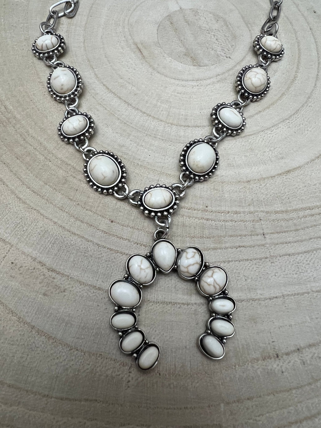Western White Stone Faux Squash Blossom Necklace — 16 Inch Southwestern Statement - Rooted & Reckless Co.