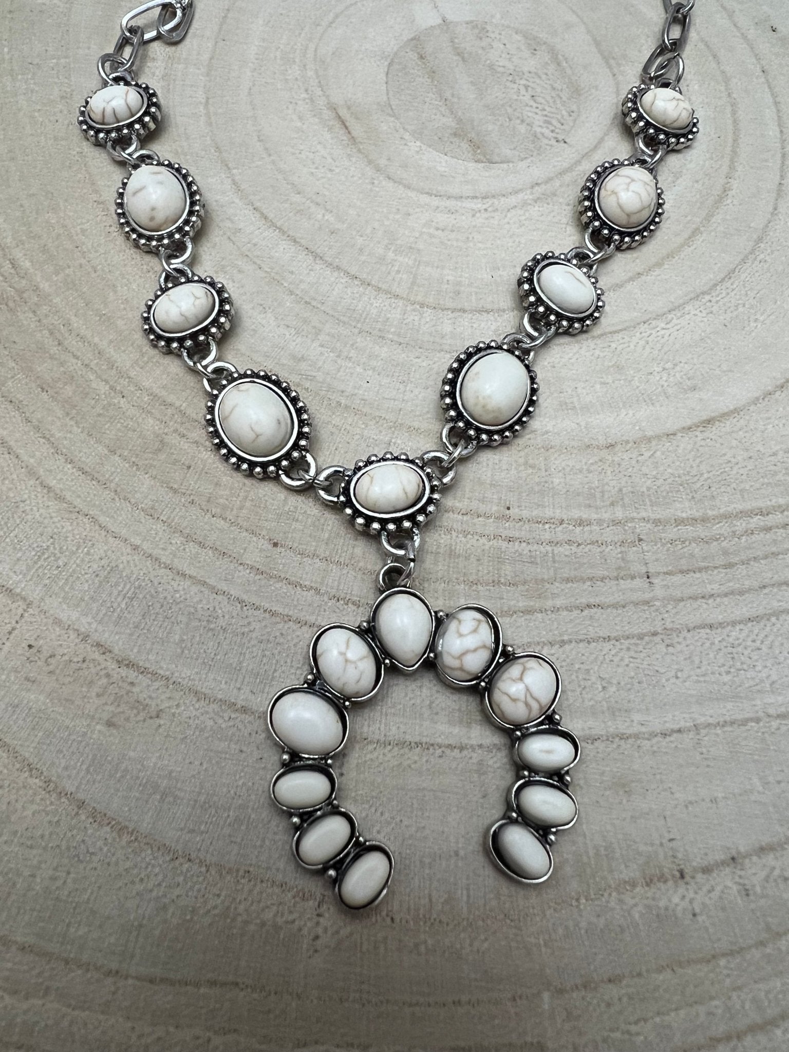 Western White Stone Faux Squash Blossom Necklace — 16 Inch Southwestern Statement - Rooted & Reckless Co.