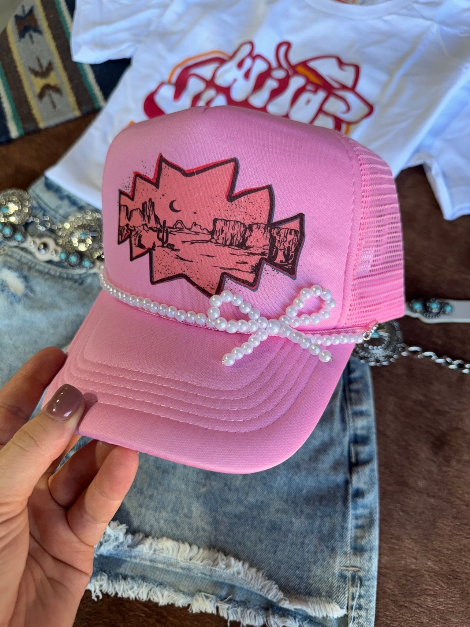 White Pearl Bow Trucker Hat Chain - Rooted & Reckless Co.