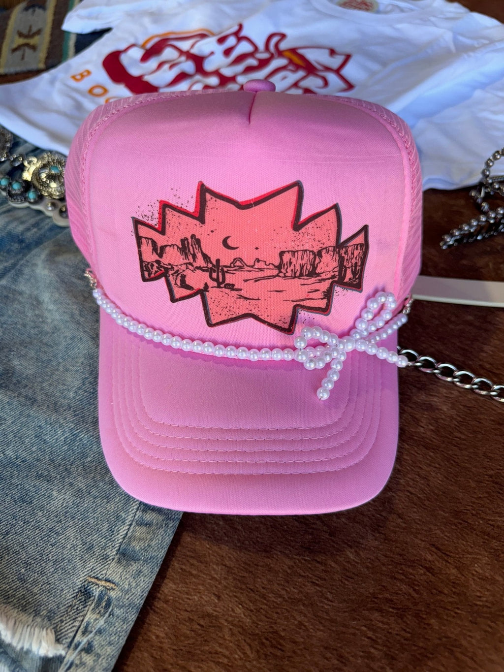 White Pearl Bow Trucker Hat Chain - Rooted & Reckless Co.