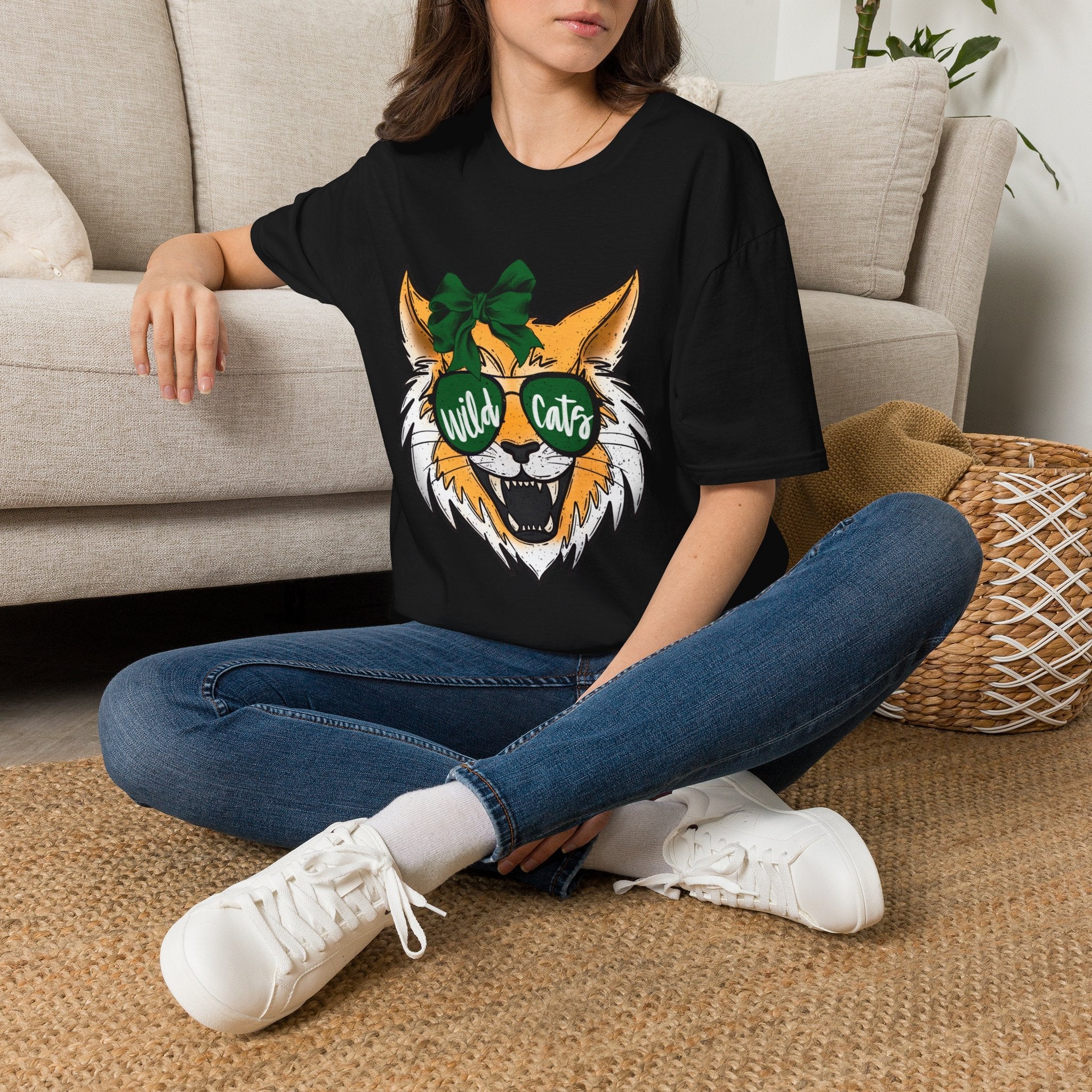 Wild Cats Tee — Cute Wildcat with Green Bow & "Wild Cats" Sunglasses Graphic - Rooted & Reckless Co.