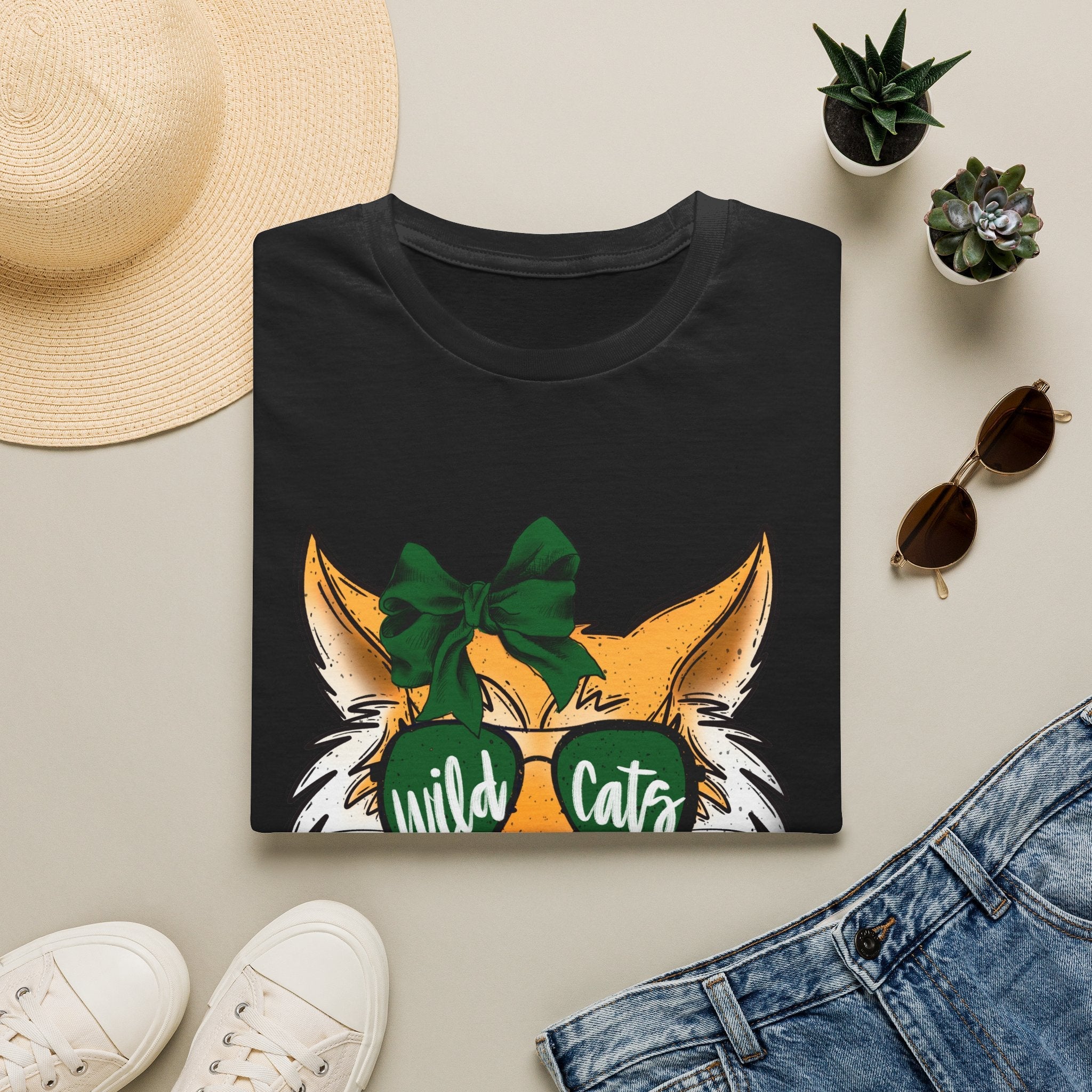 Wild Cats Tee — Cute Wildcat with Green Bow & "Wild Cats" Sunglasses Graphic - Rooted & Reckless Co.