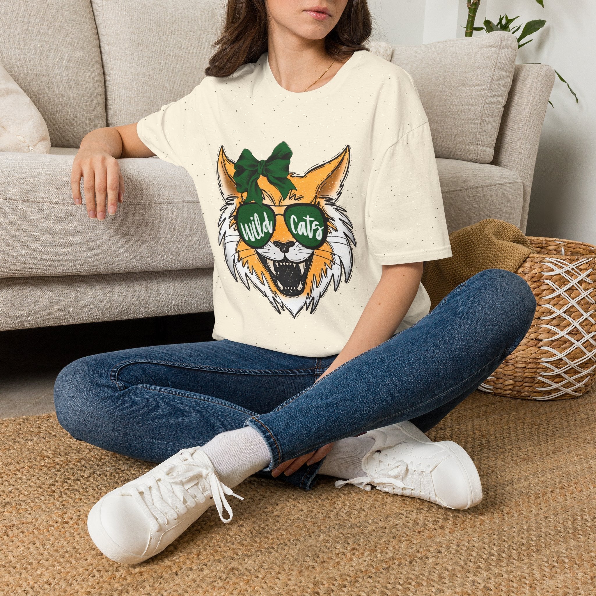 Wild Cats Tee — Cute Wildcat with Green Bow & "Wild Cats" Sunglasses Graphic - Rooted & Reckless Co.