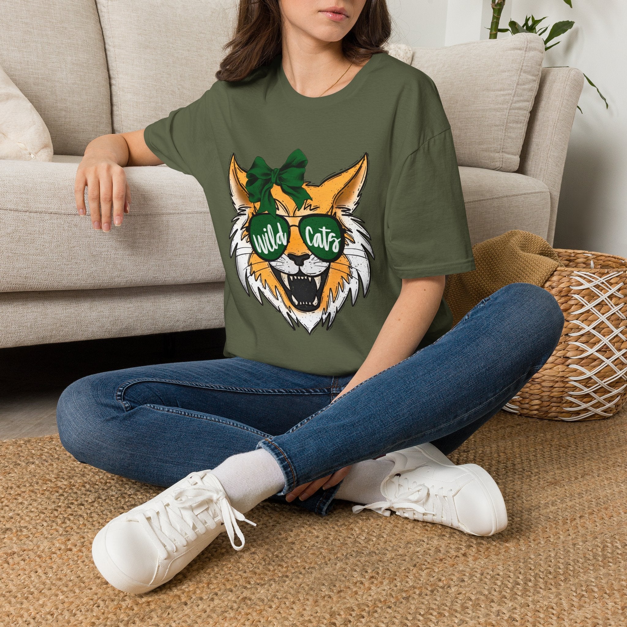 Wild Cats Tee — Cute Wildcat with Green Bow & "Wild Cats" Sunglasses Graphic - Rooted & Reckless Co.