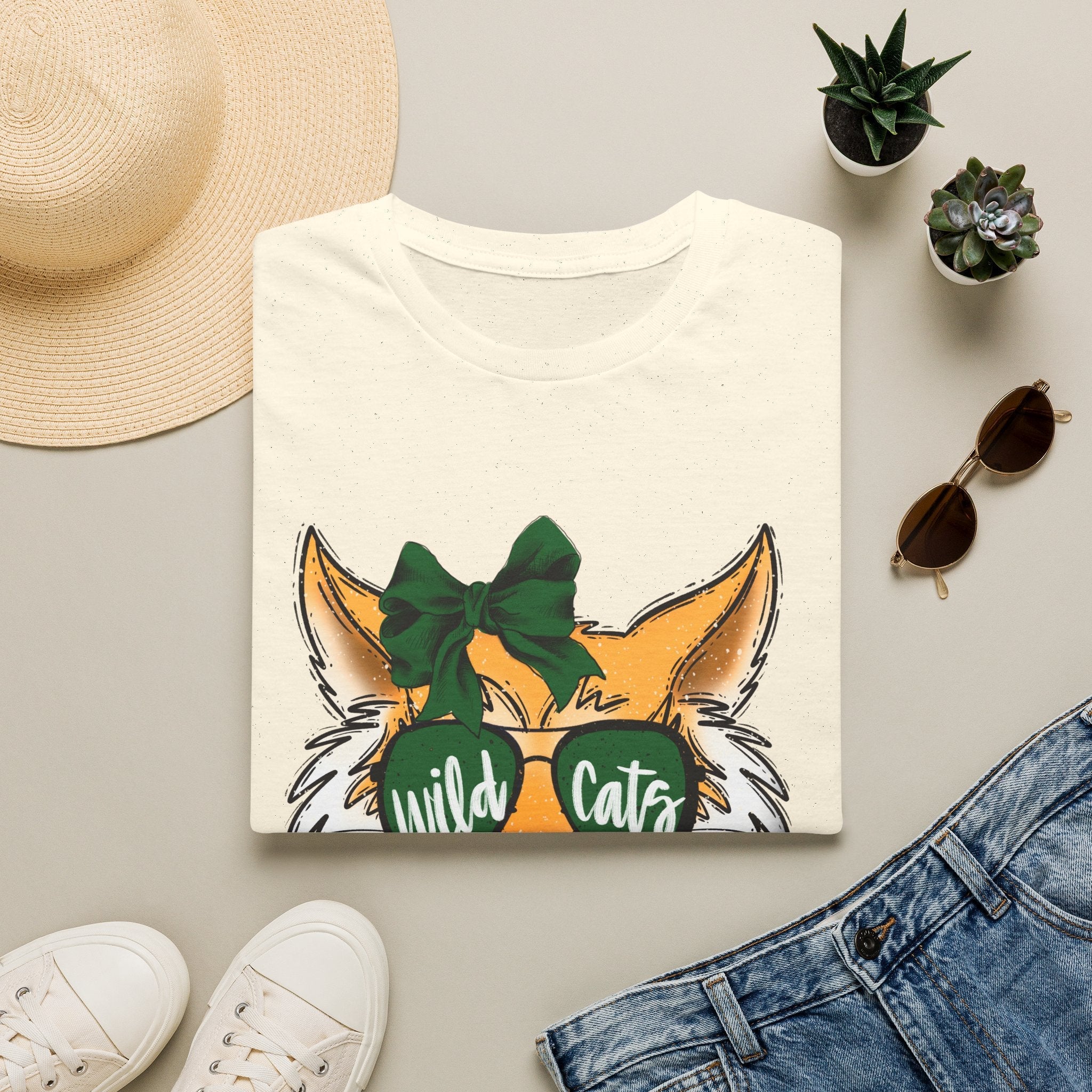 Wild Cats Tee — Cute Wildcat with Green Bow & "Wild Cats" Sunglasses Graphic - Rooted & Reckless Co.