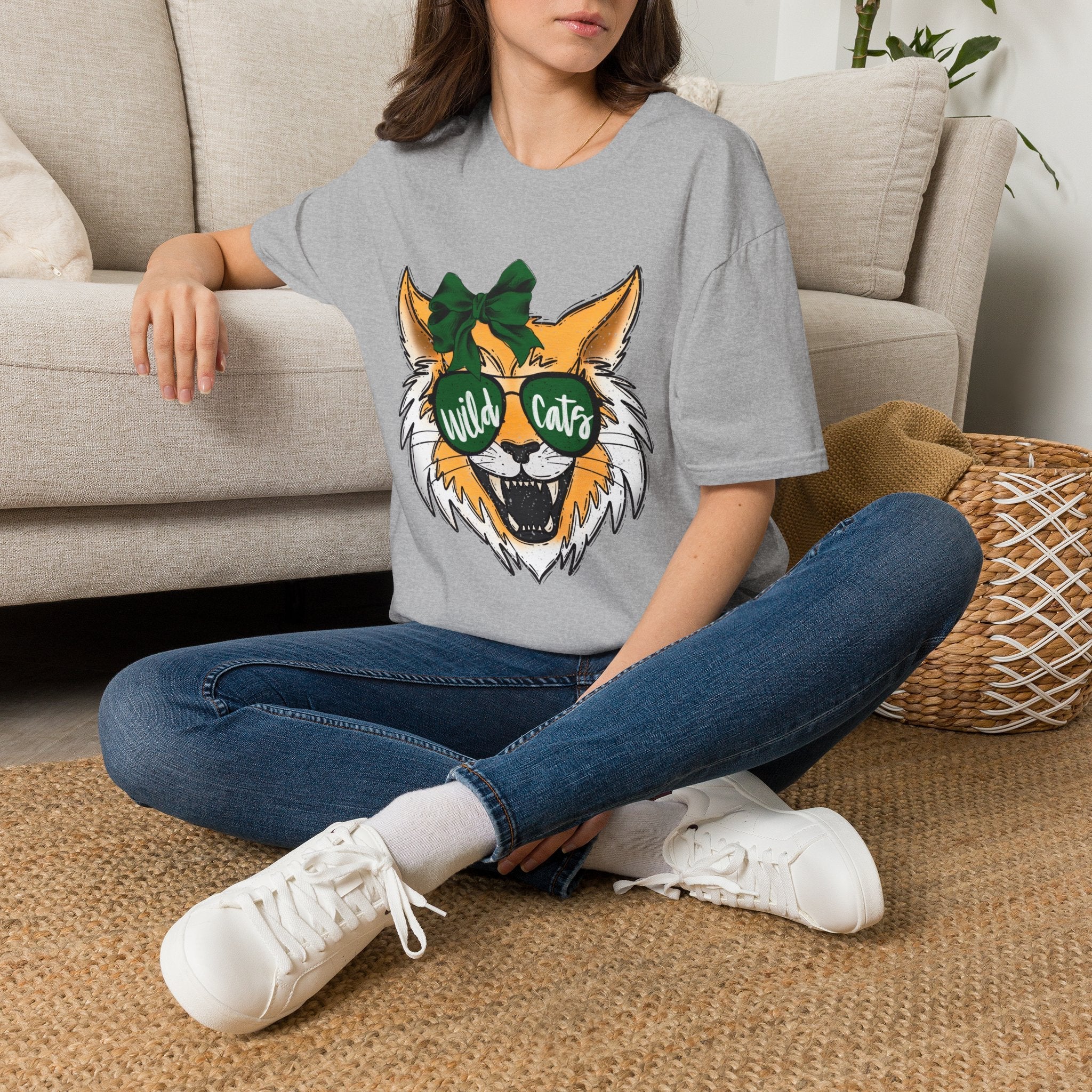 Wild Cats Tee — Cute Wildcat with Green Bow & "Wild Cats" Sunglasses Graphic - Rooted & Reckless Co.