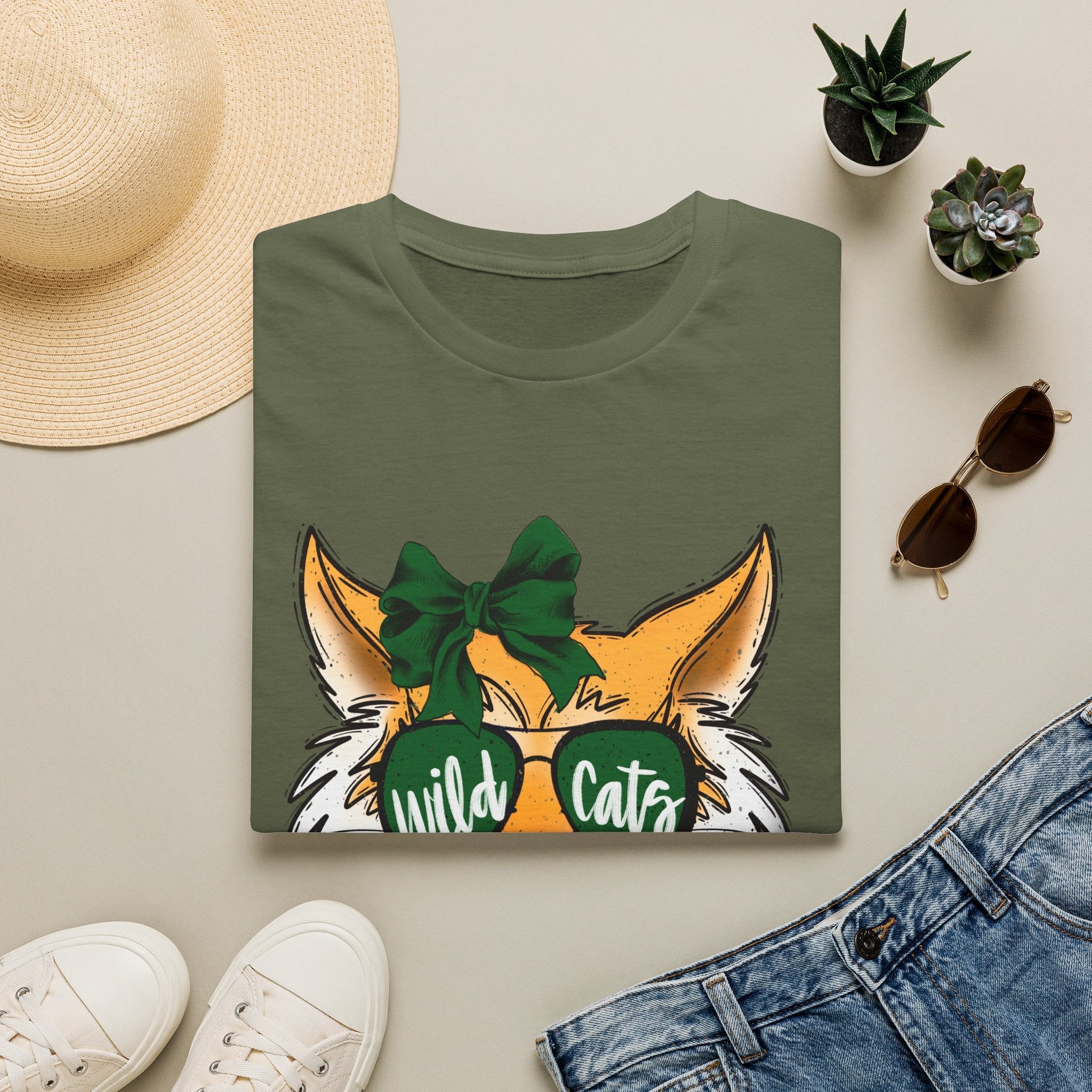 Wild Cats Tee — Cute Wildcat with Green Bow & "Wild Cats" Sunglasses Graphic - Rooted & Reckless Co.