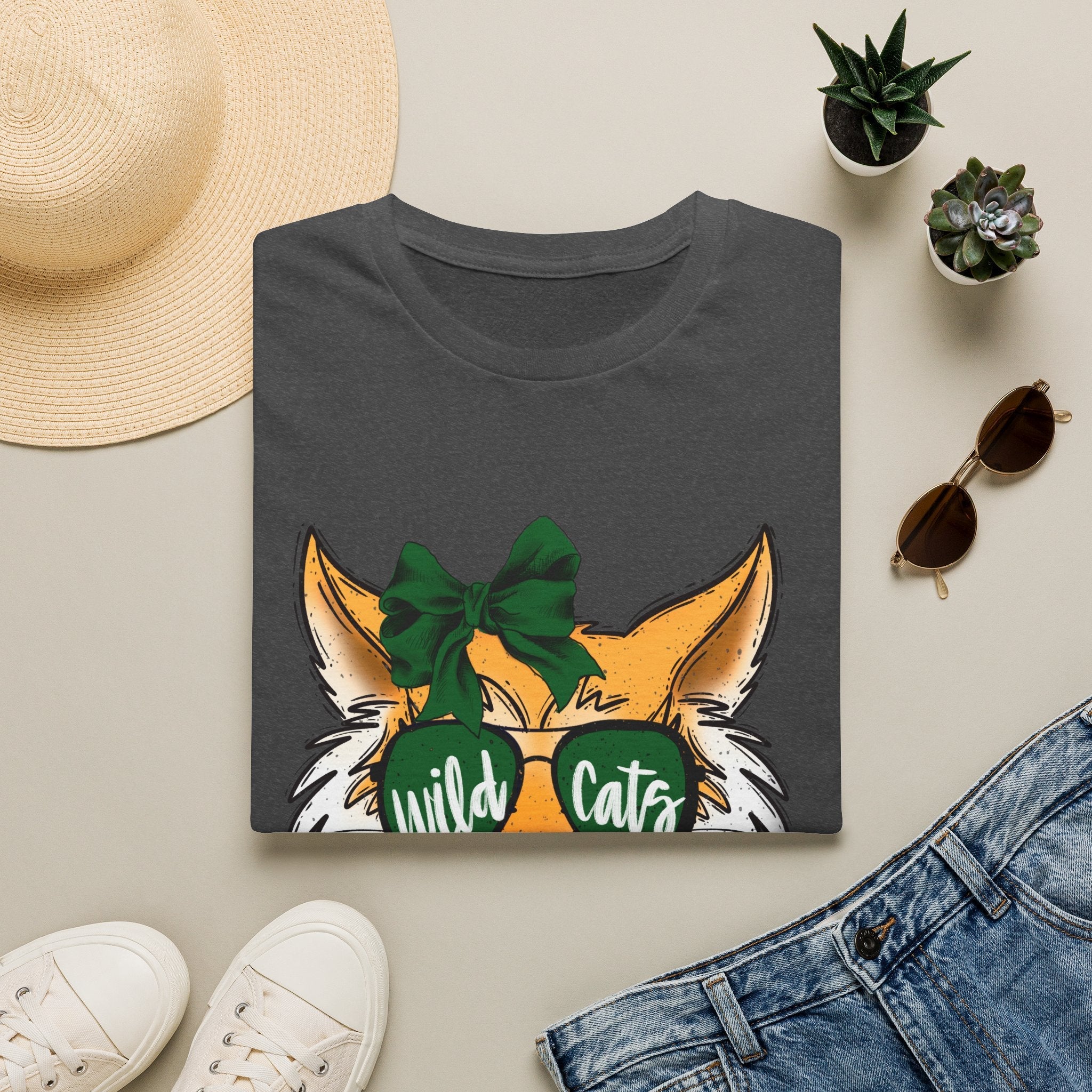 Wild Cats Tee — Cute Wildcat with Green Bow & "Wild Cats" Sunglasses Graphic - Rooted & Reckless Co.
