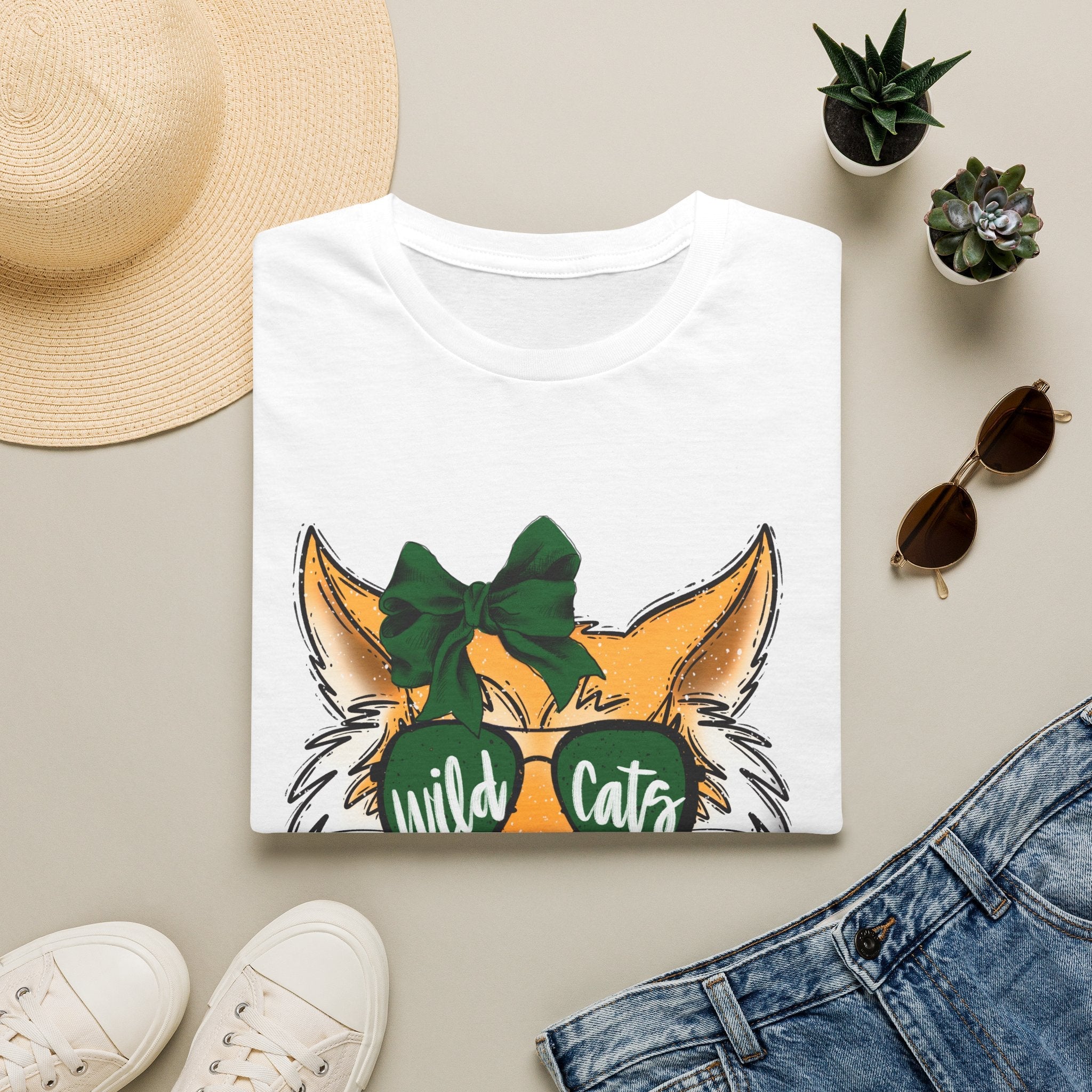 Wild Cats Tee — Cute Wildcat with Green Bow & "Wild Cats" Sunglasses Graphic - Rooted & Reckless Co.