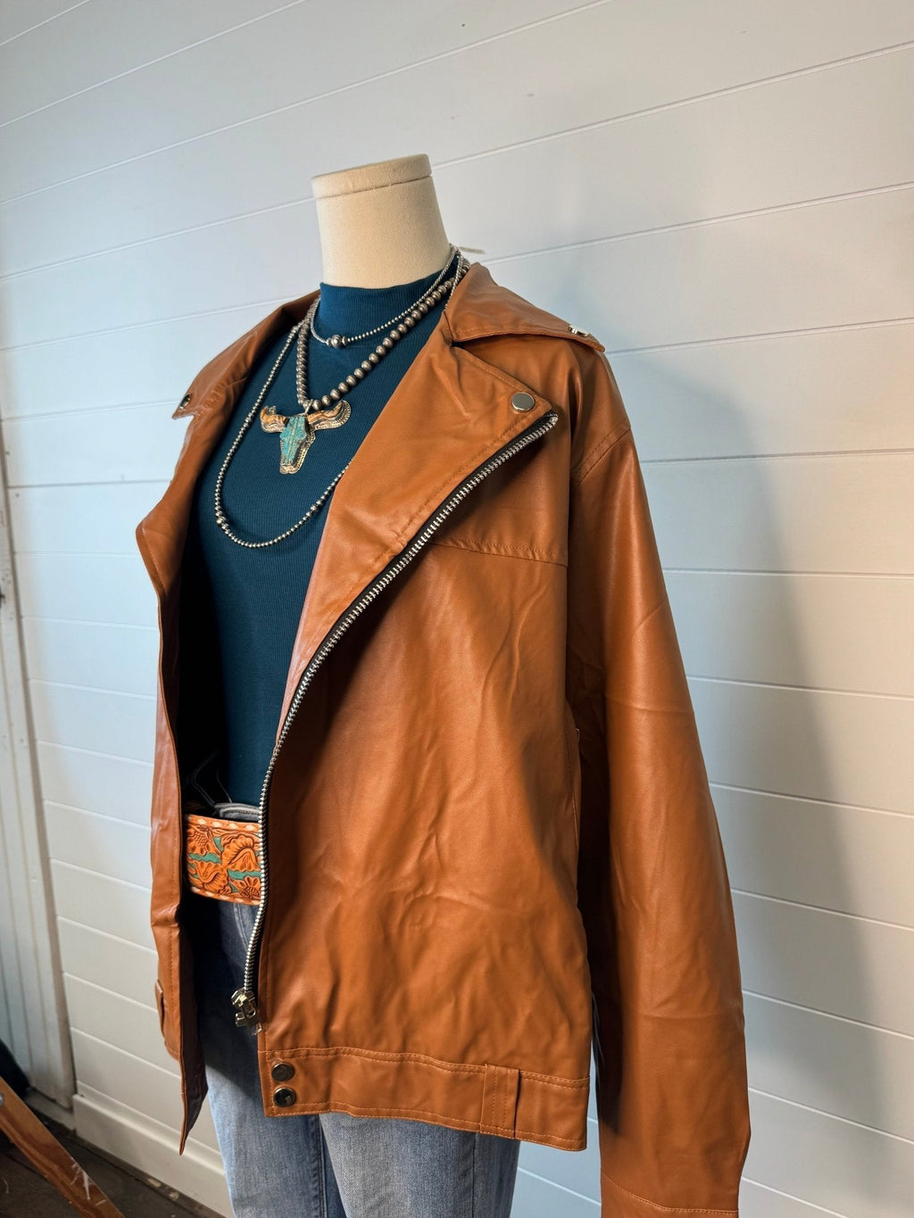 With Love, Molly "Ollie" Oversized Vegan Leather Western Moto Jacket — Matte Finish Relaxed Fit with Side Zipper Pockets (medium and large remain) - Rooted & Reckless Co.