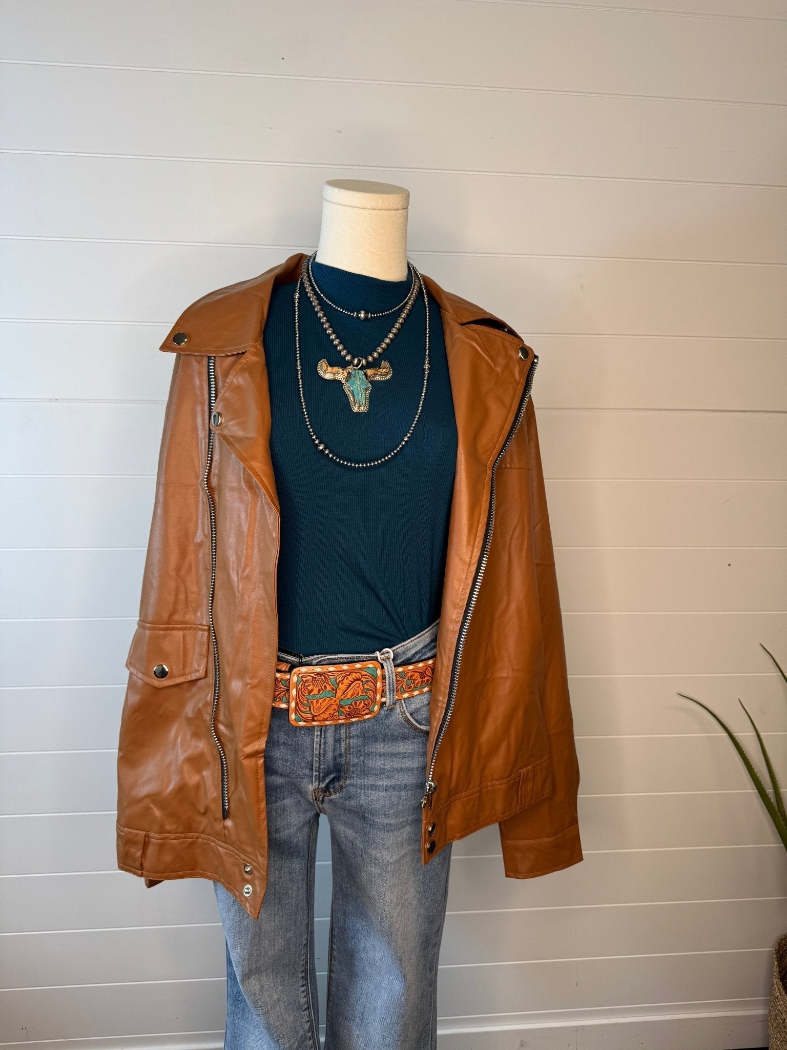With Love, Molly "Ollie" Oversized Vegan Leather Western Moto Jacket — Matte Finish Relaxed Fit with Side Zipper Pockets (medium and large remain) - Rooted & Reckless Co.