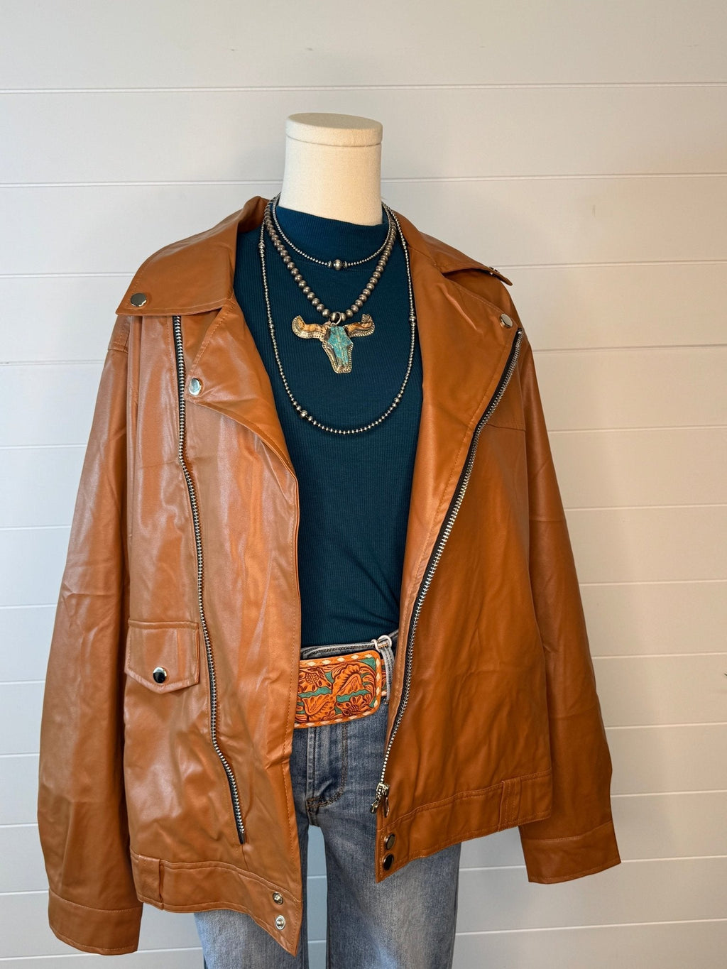 With Love, Molly "Ollie" Oversized Vegan Leather Western Moto Jacket — Matte Finish Relaxed Fit with Side Zipper Pockets (medium and large remain) - Rooted & Reckless Co.