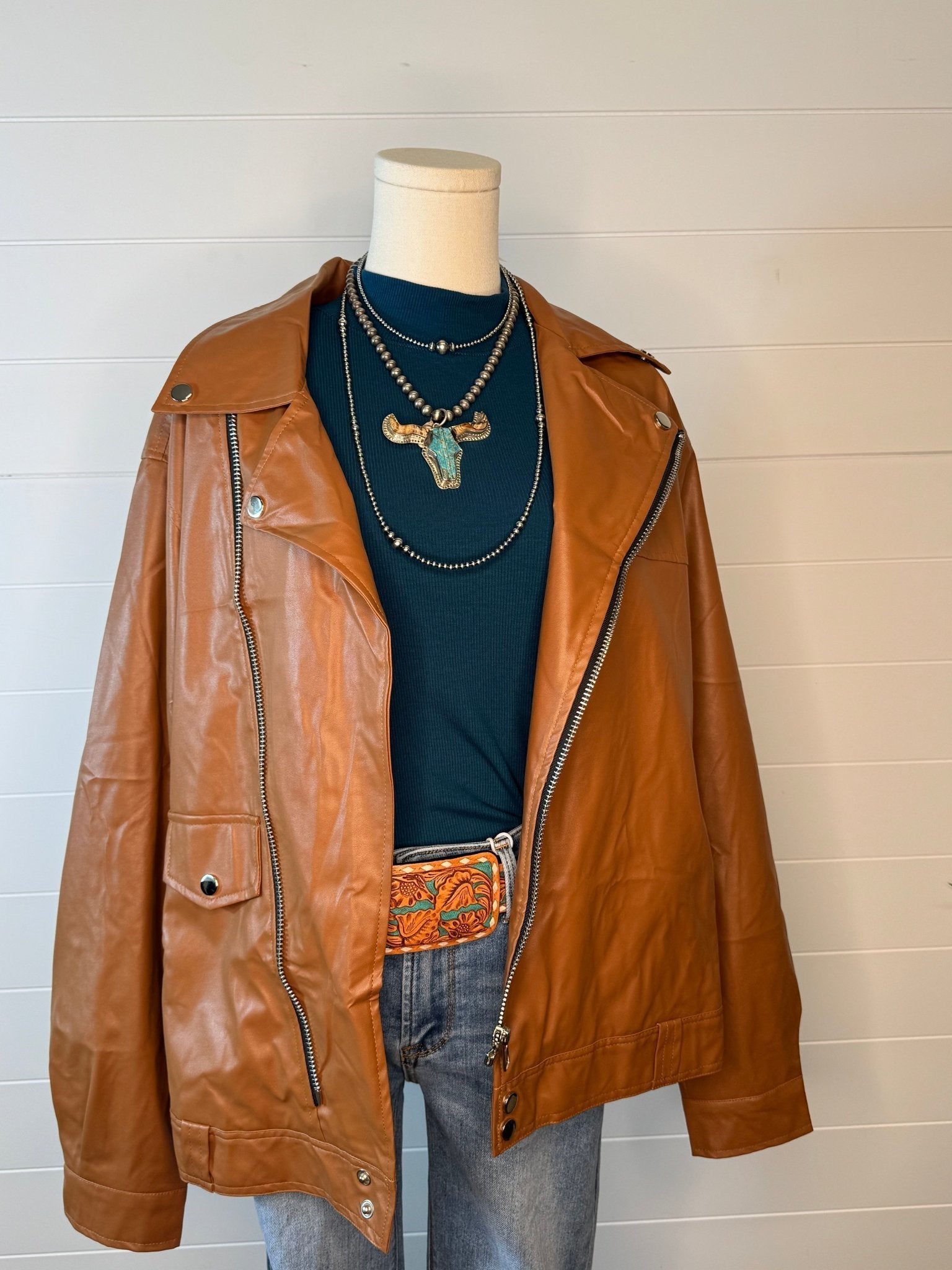 With Love, Molly "Ollie" Oversized Vegan Leather Western Moto Jacket — Matte Finish Relaxed Fit with Side Zipper Pockets (medium and large remain) - Rooted & Reckless Co.