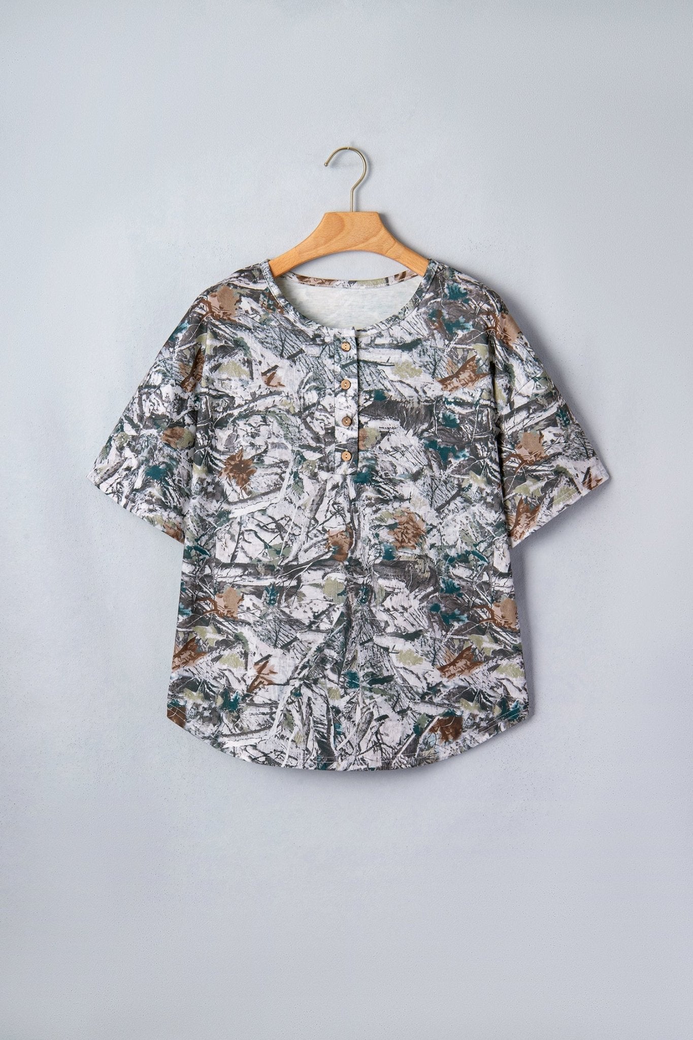 Woodland Camo Henley Tunic T-Shirt - Rooted & Reckless Co.