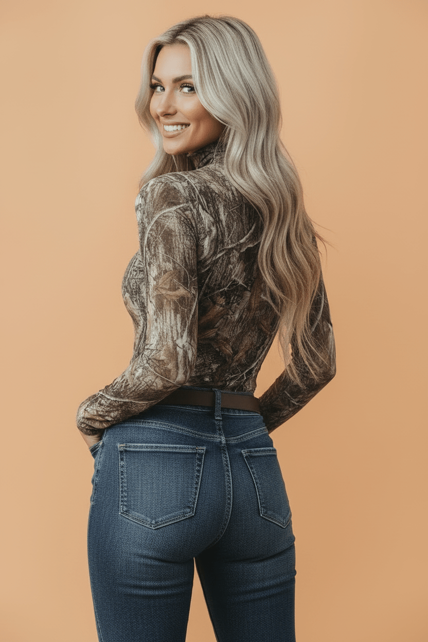 Woodland Camo Mesh Mock Neck Long Sleeve Top - Rooted & Reckless Co.