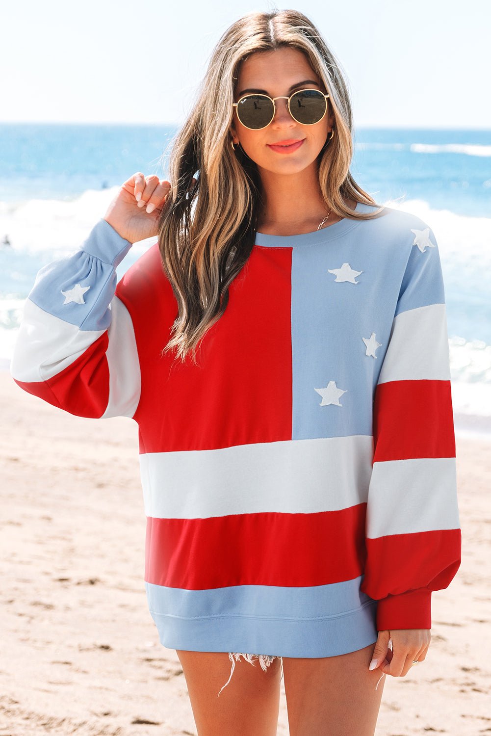 XX USA Flag Patchwork Drop Shoulder Oversize Sweatshirt - Rooted & Reckless Co.