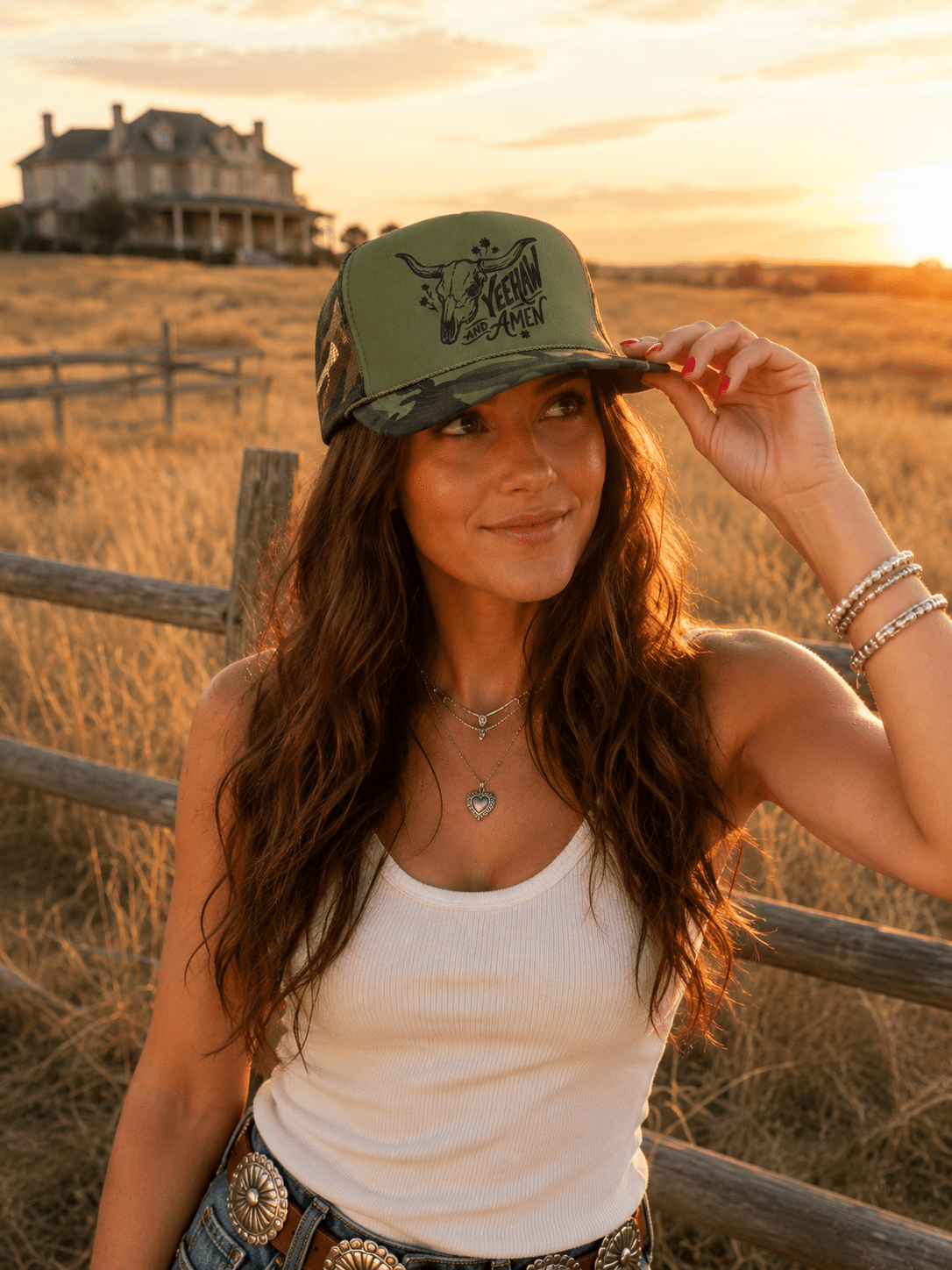 Yeehaw and Amen Longhorn Camo Trucker Hat - Rooted & Reckless Co.