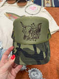 Yeehaw and Amen Longhorn Camo Trucker Hat - Rooted & Reckless Co.