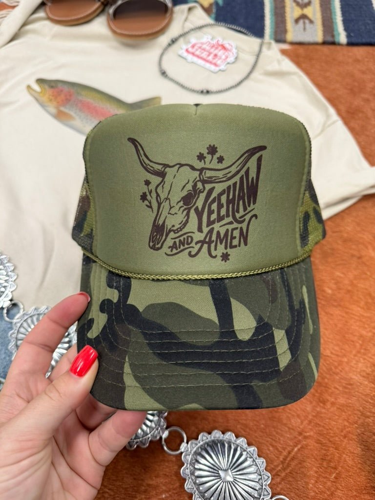 Yeehaw and Amen Longhorn Camo Trucker Hat - Rooted & Reckless Co.